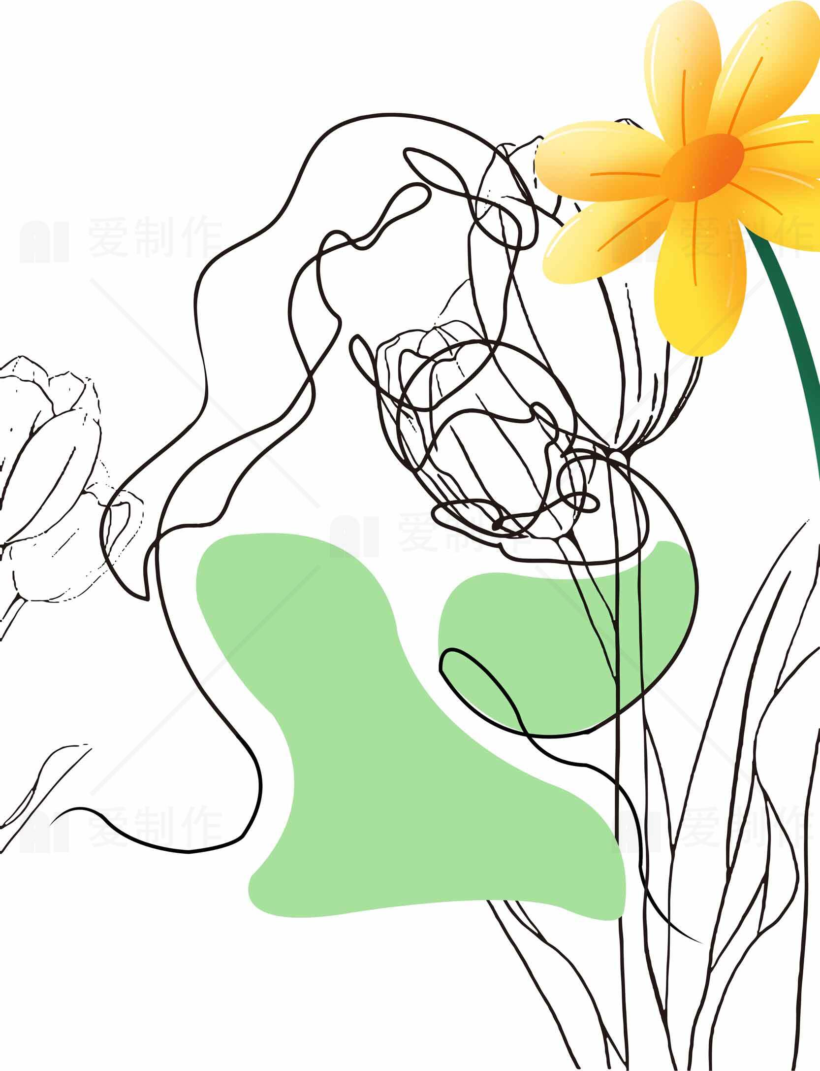 简约线条艺术与春日花卉插画设计素材