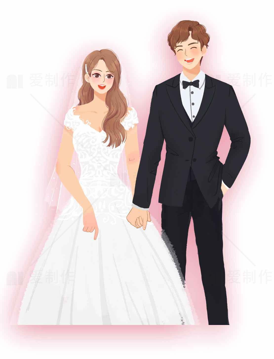 浪漫婚礼插画：新娘与新郎手牵手素材
