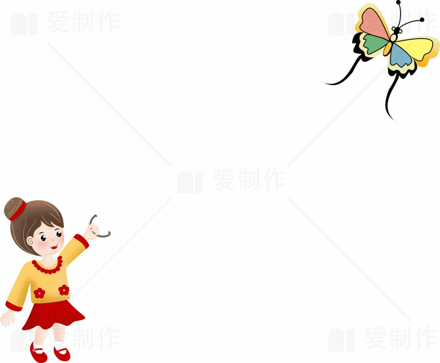 女孩与蝴蝶的童趣插画素材