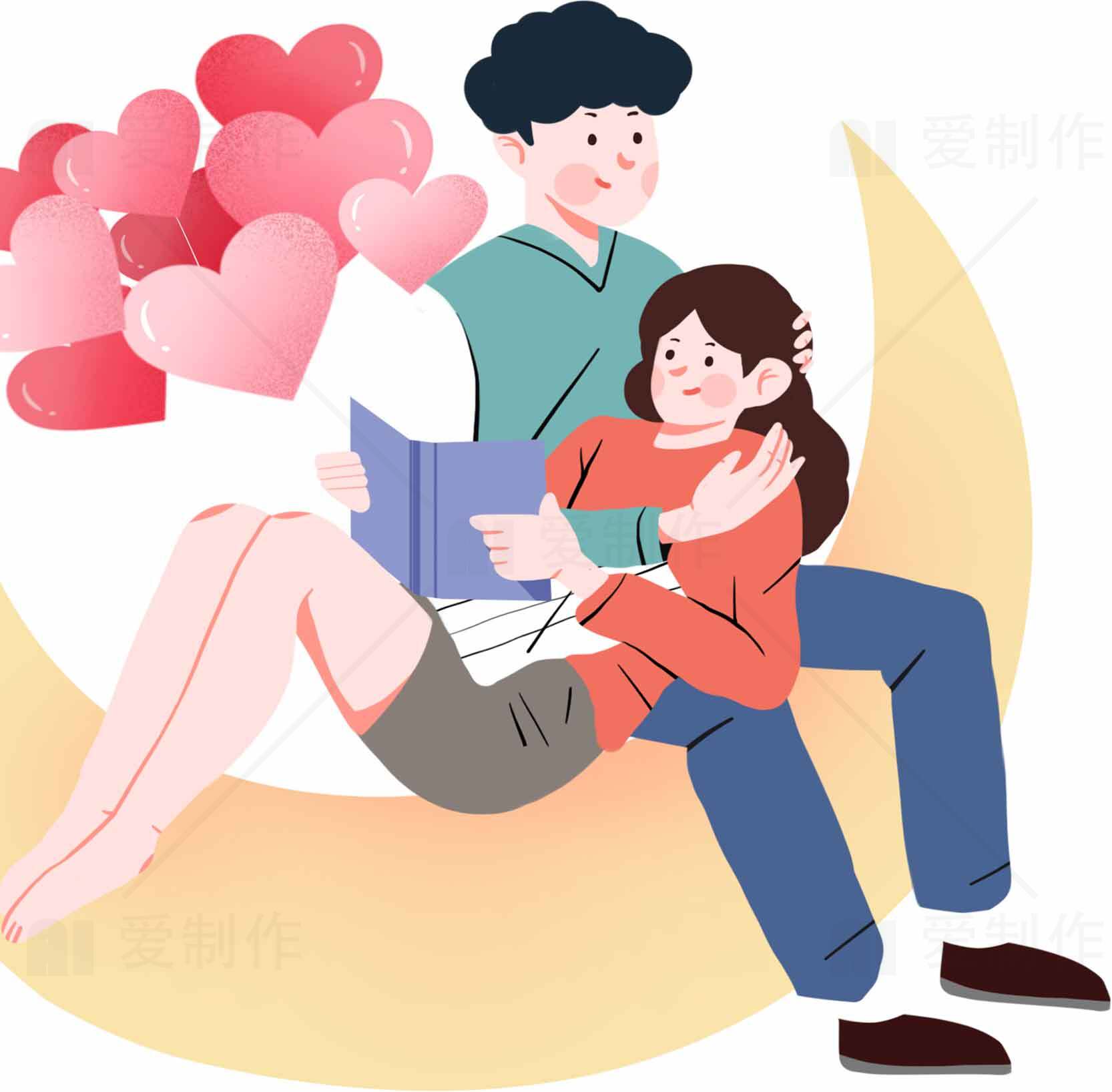 浪漫情侣插画设计：爱心与阅读的温馨时光素材