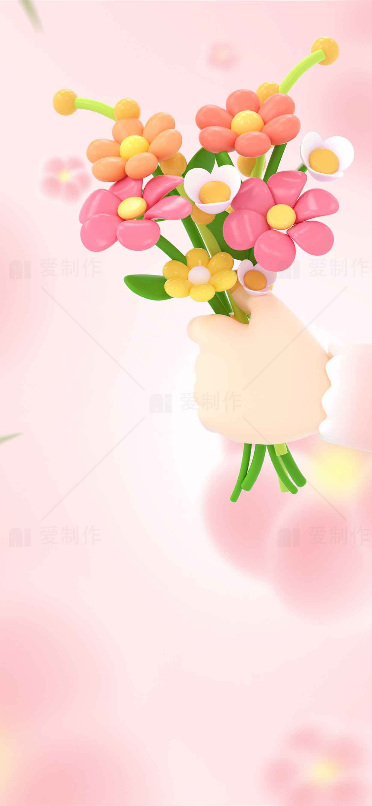 手捧卡通花束的粉色背景图片素材