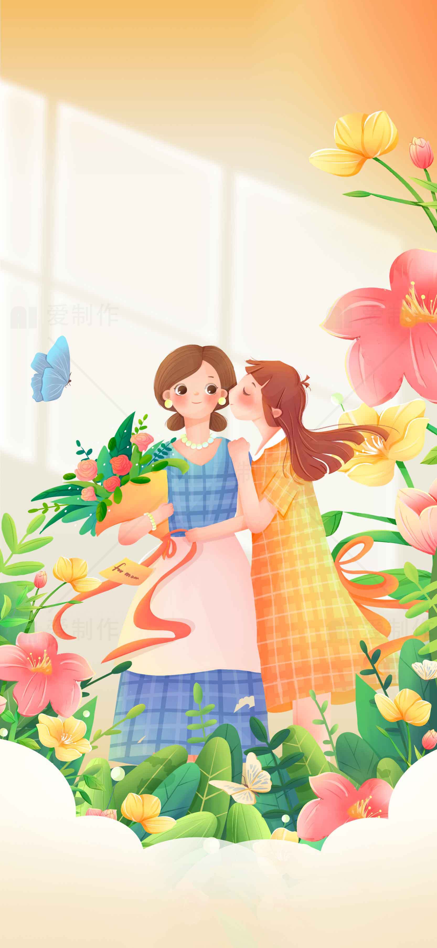 温馨母女插画：春日花海中的亲密时光素材
