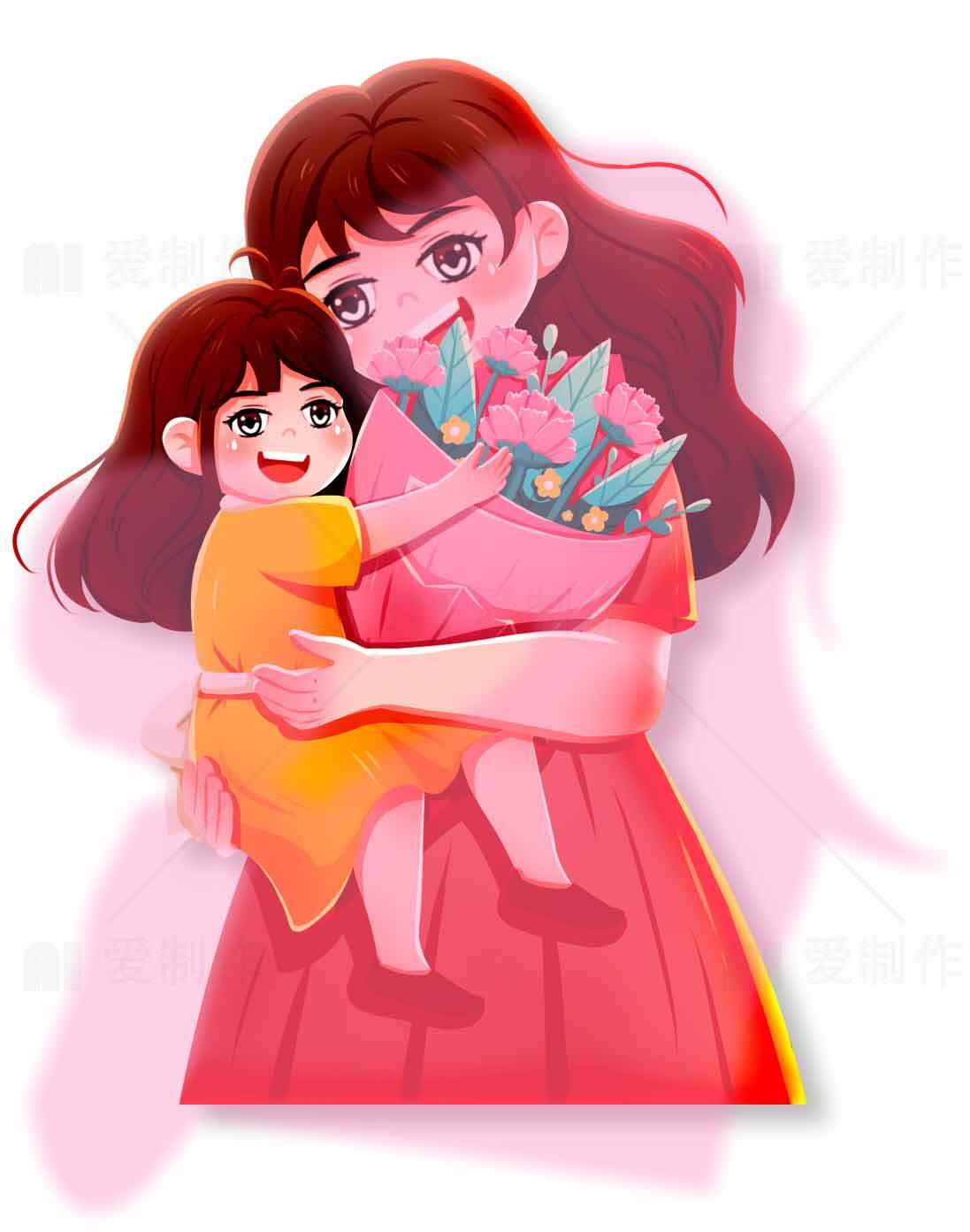 母亲节温馨插画：母爱与鲜花的拥抱素材