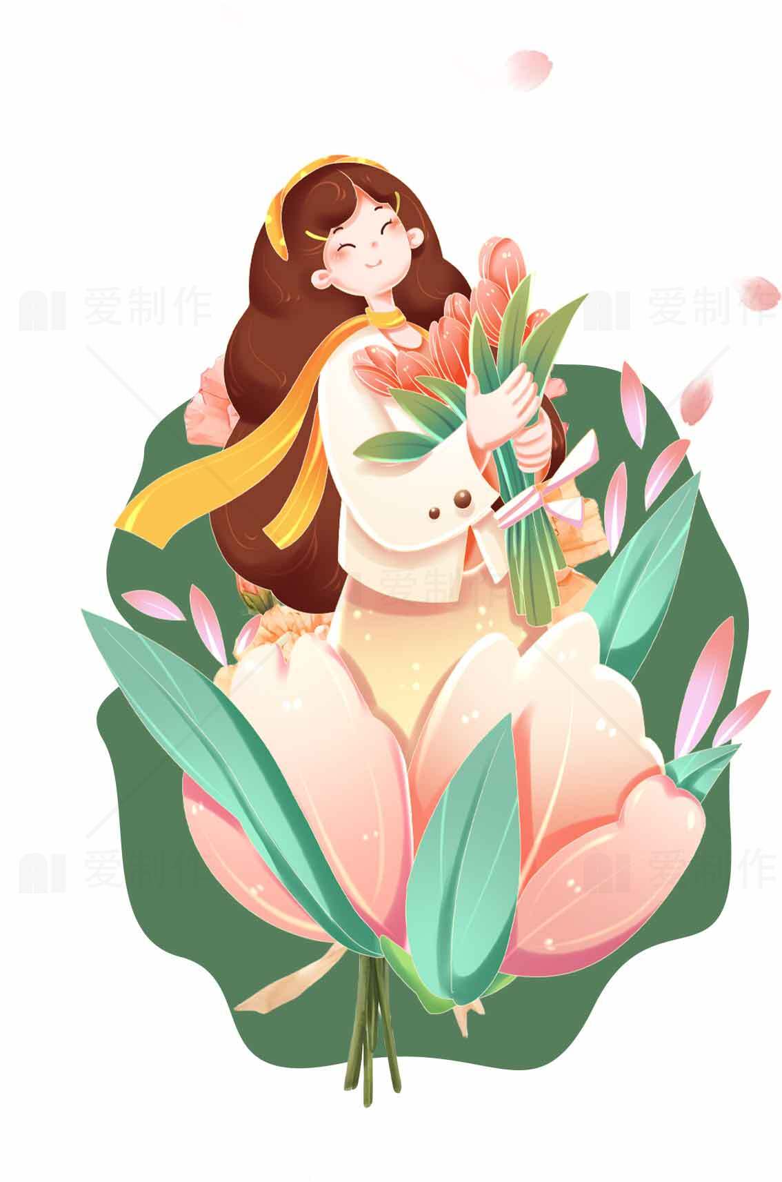 春日少女与粉色郁金香插画素材