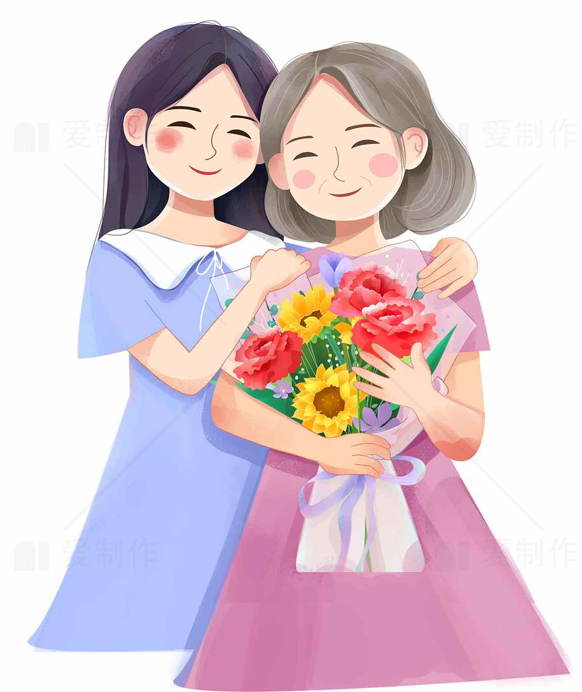 温馨插画：两位女孩手捧鲜花的友谊时光素材