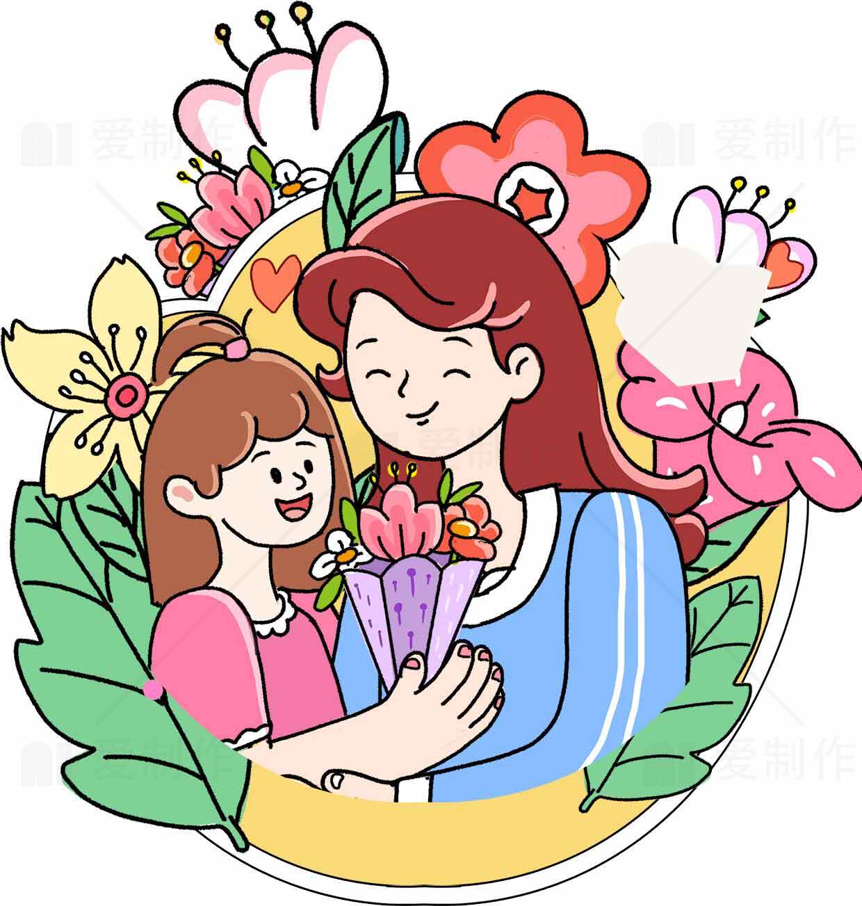母亲节温馨插画：母女花束祝福素材