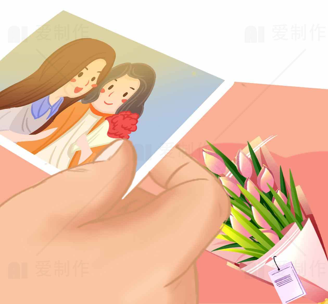 母亲节温馨插画：手捧照片与花束素材