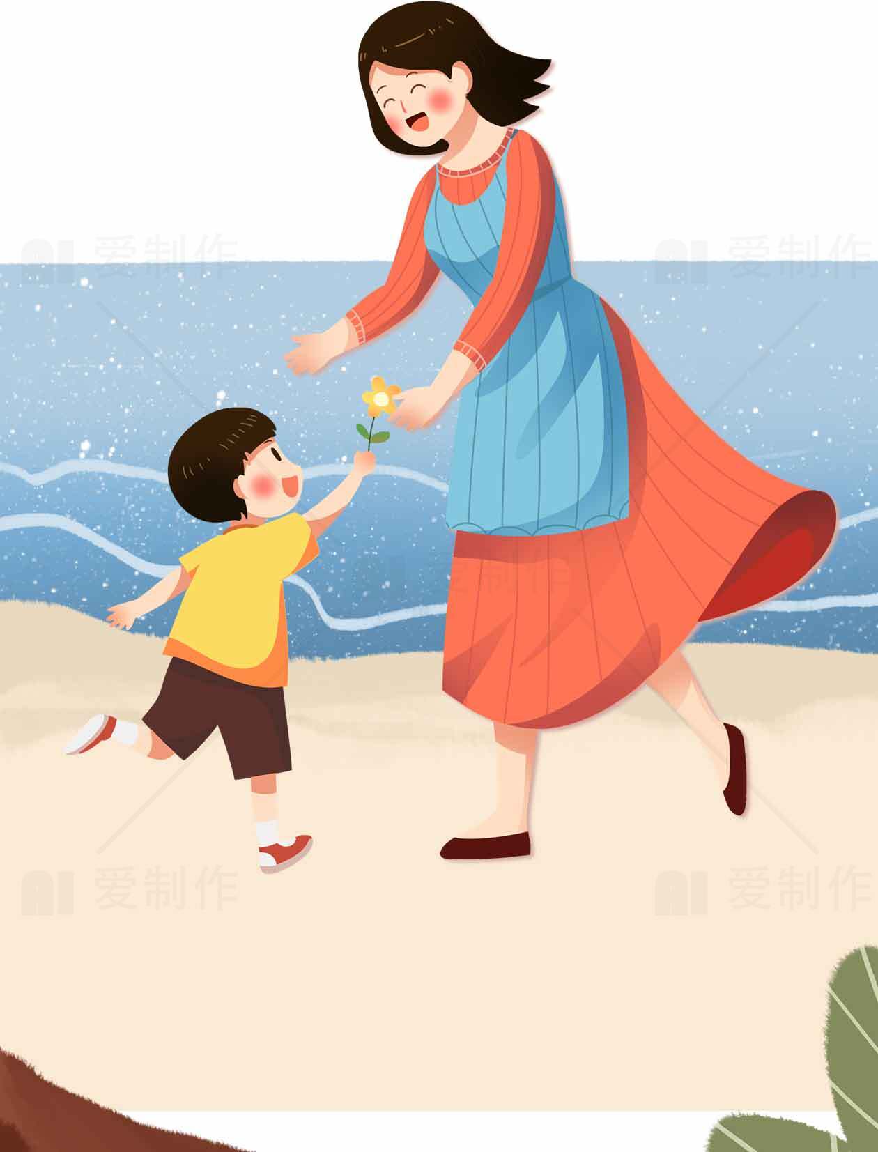 母子海边互动插画图片素材