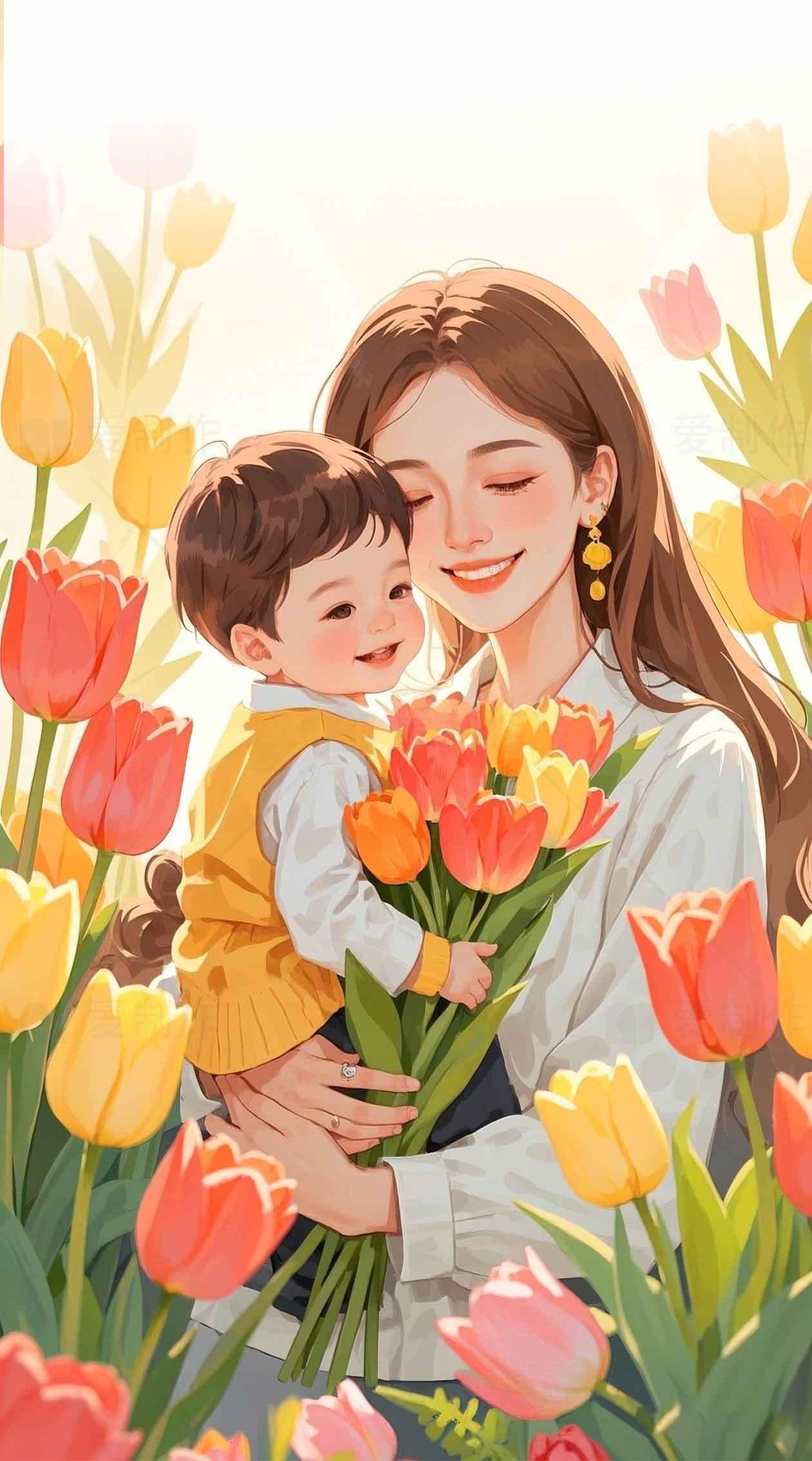 温馨母子与郁金香花海的春日画面素材