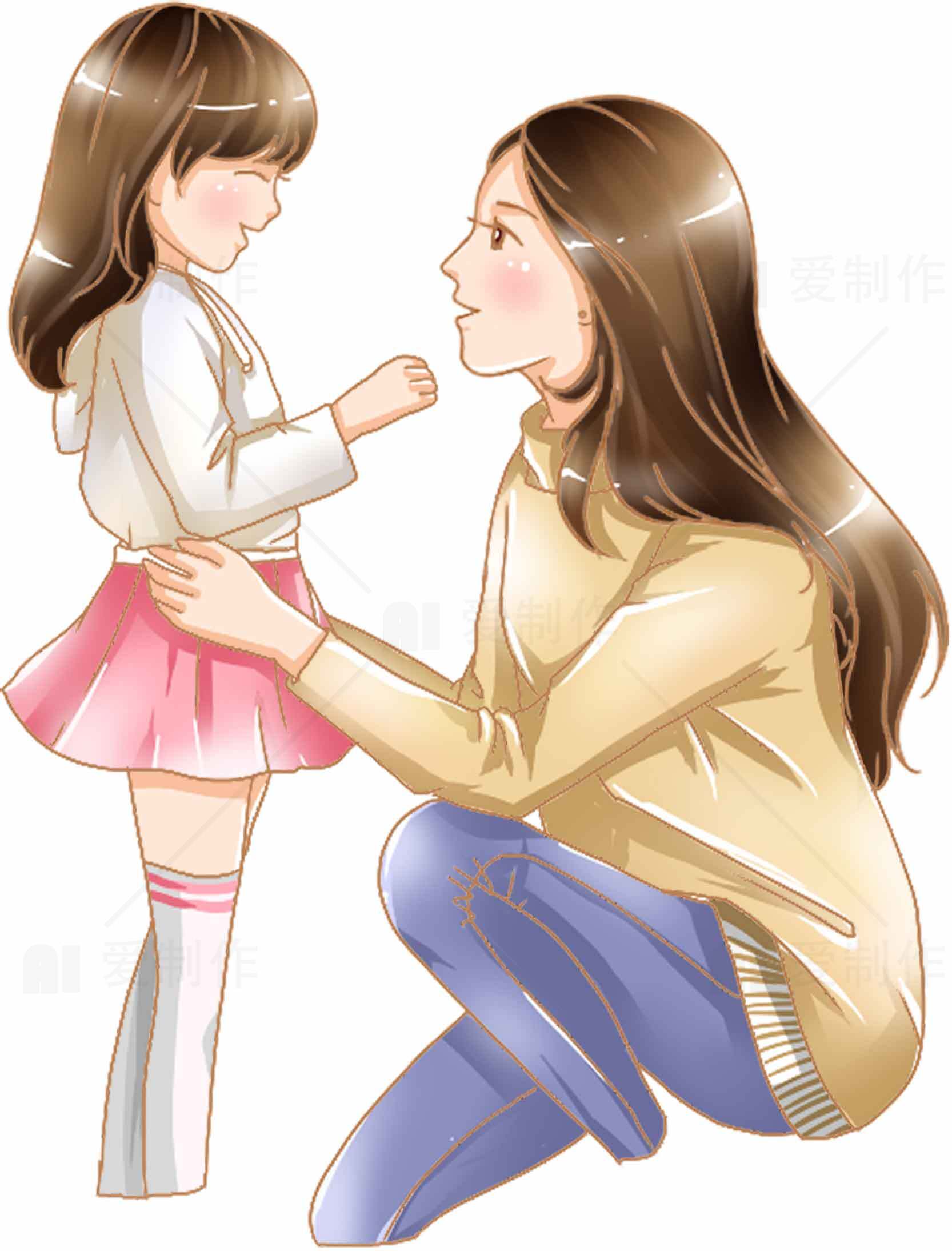 母女温馨互动插画素材