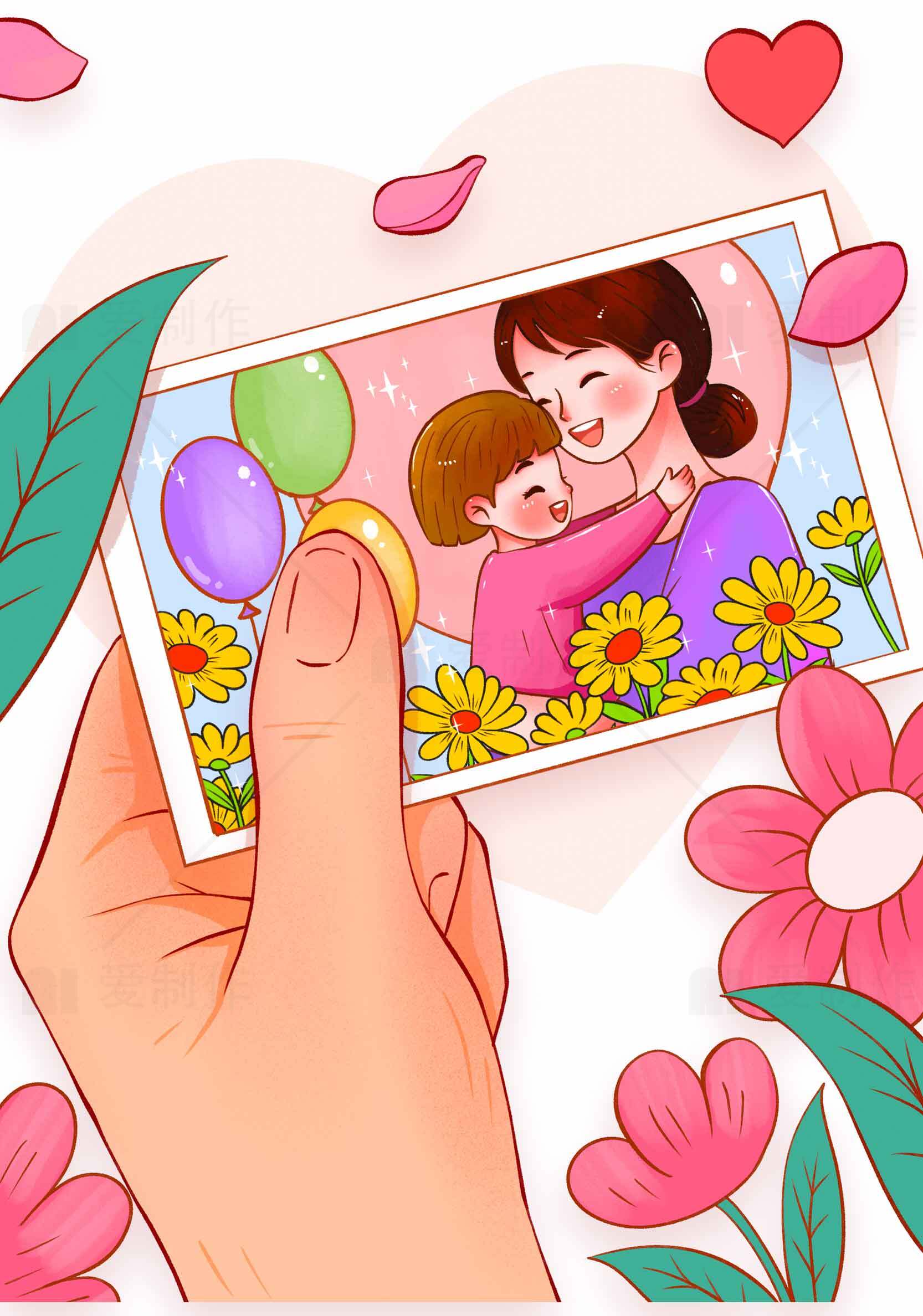 妈妈和孩子的温馨拥抱与粉色花的浪漫画面素材