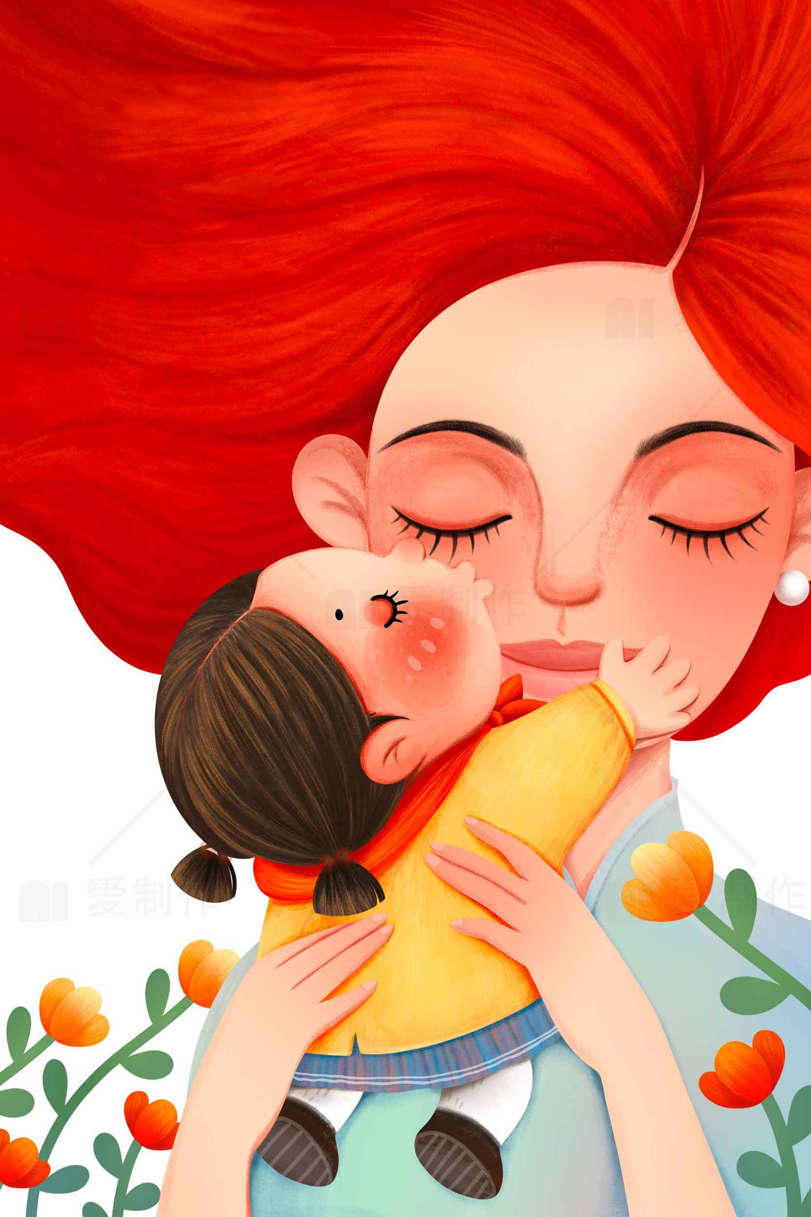 温馨母女插画艺术作品素材