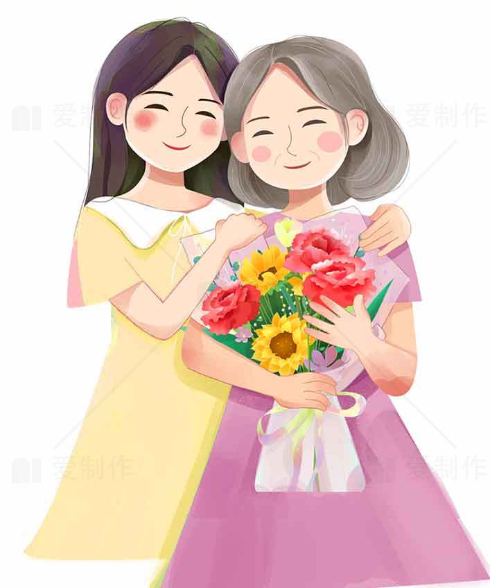 温馨插画：女孩手捧鲜花展现友谊时光素材