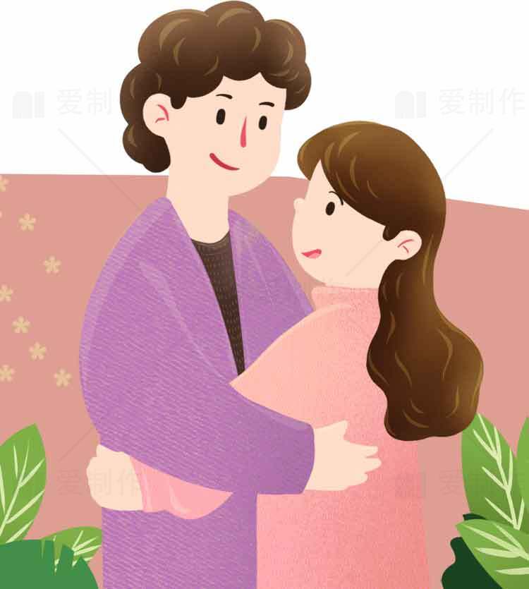 温馨情侣插画图片：浪漫拥抱与爱意表达素材
