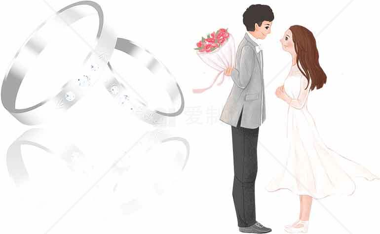 浪漫婚礼情侣插画与结婚戒指设计素材