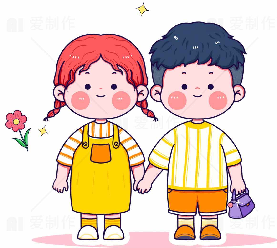 卡通手牵手的可爱儿童插画素材