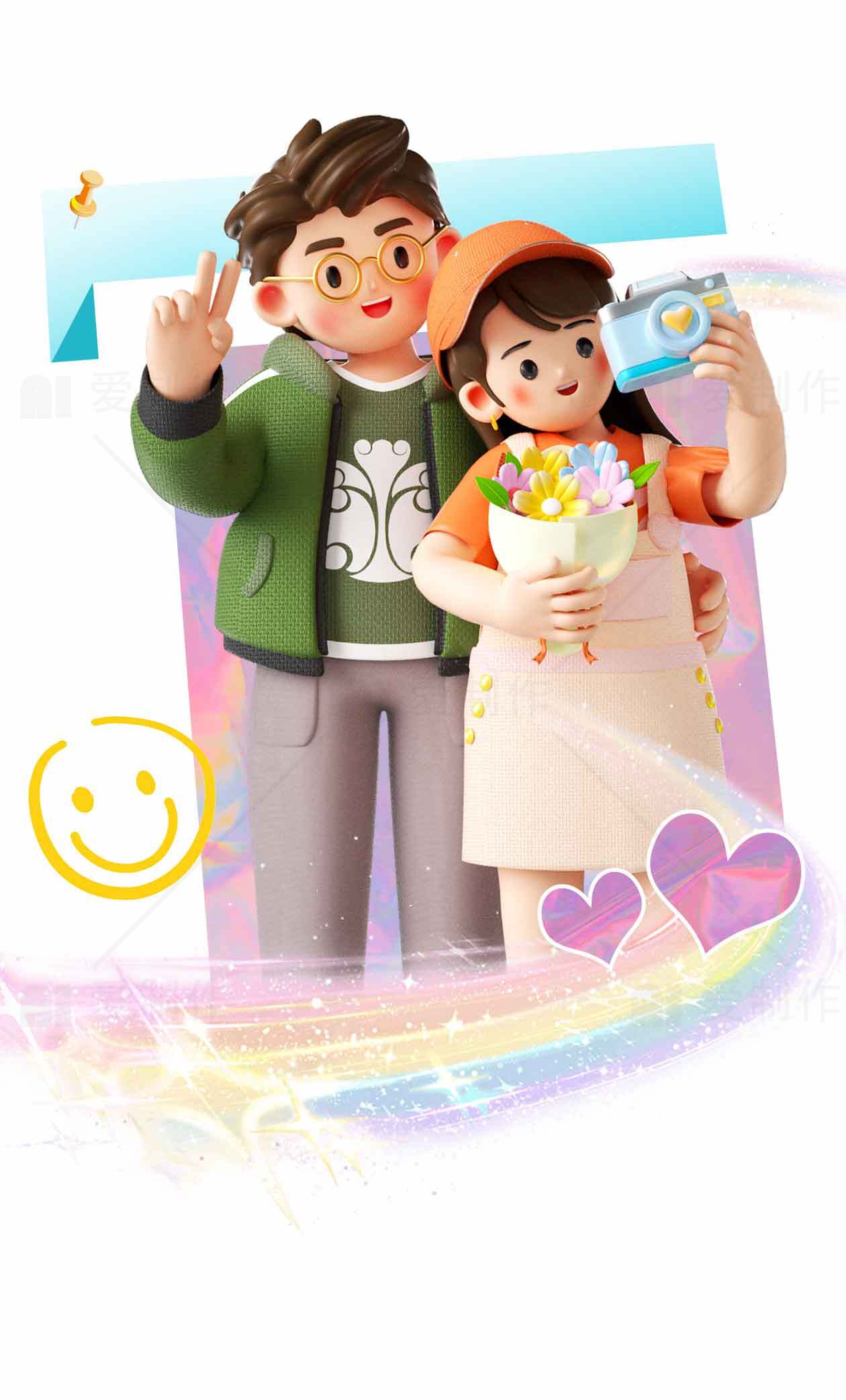 卡通情侣合影插画设计素材