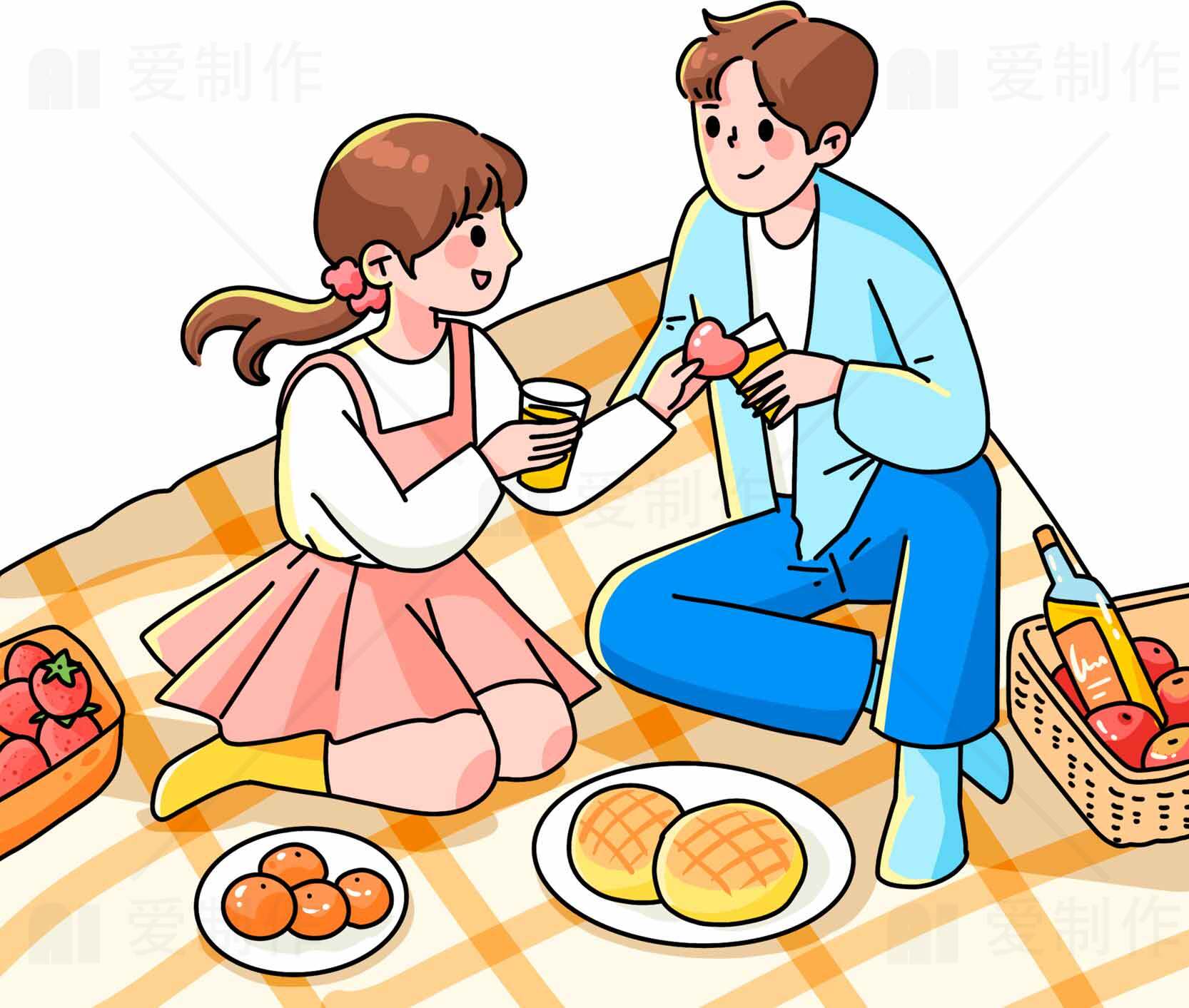 浪漫野餐插画设计：甜蜜时光与美食分享素材