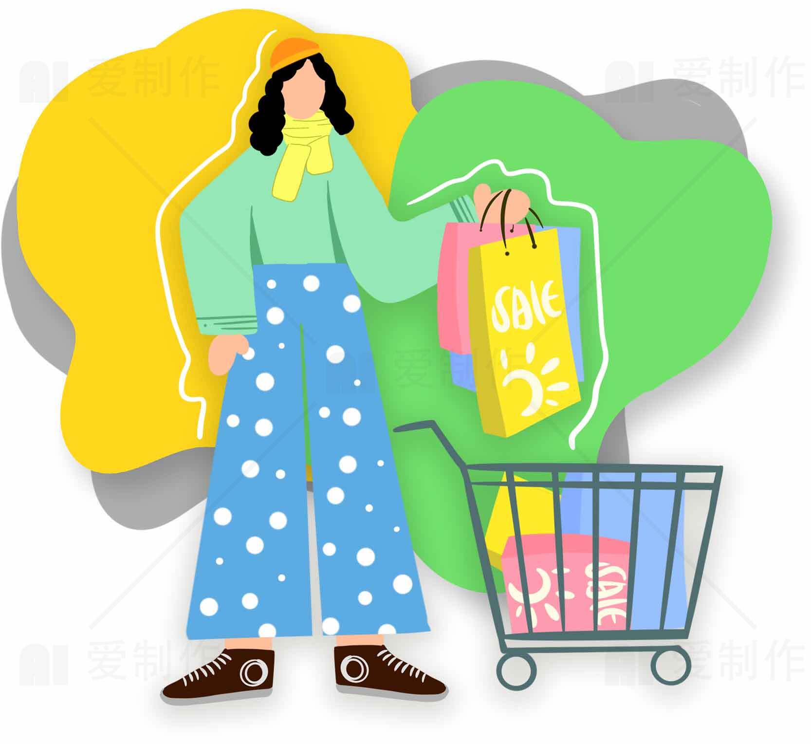 时尚购物插画设计：女性与购物车的创意场景素材