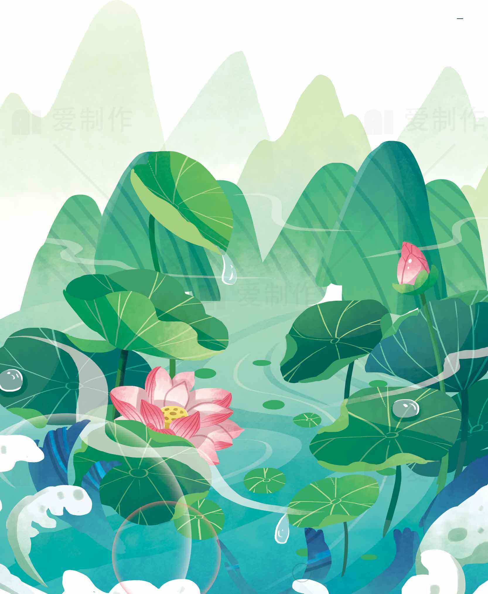 清新荷塘风景插画图片素材