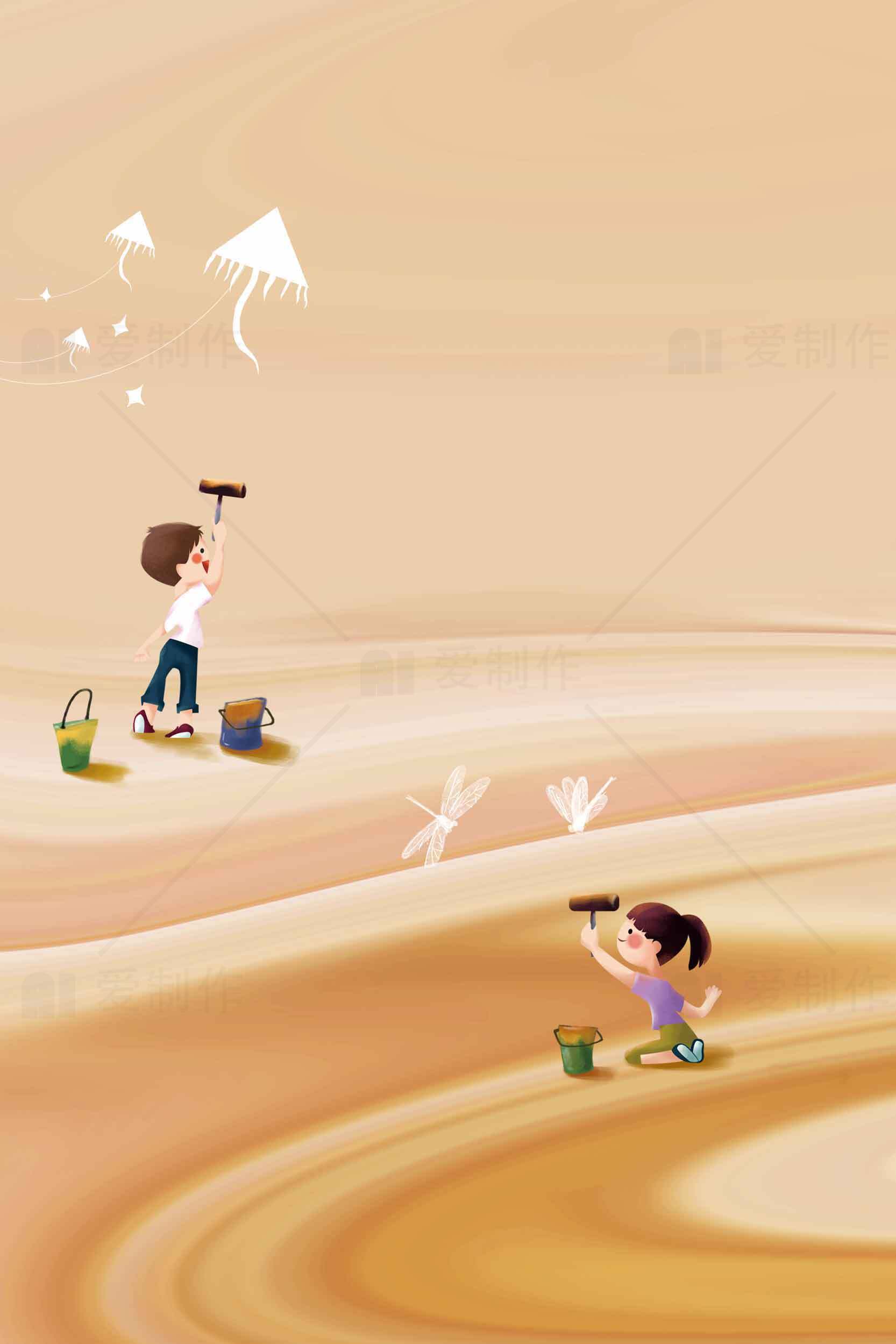 沙滩上的童趣时光：孩子们的欢乐与风筝飞舞素材