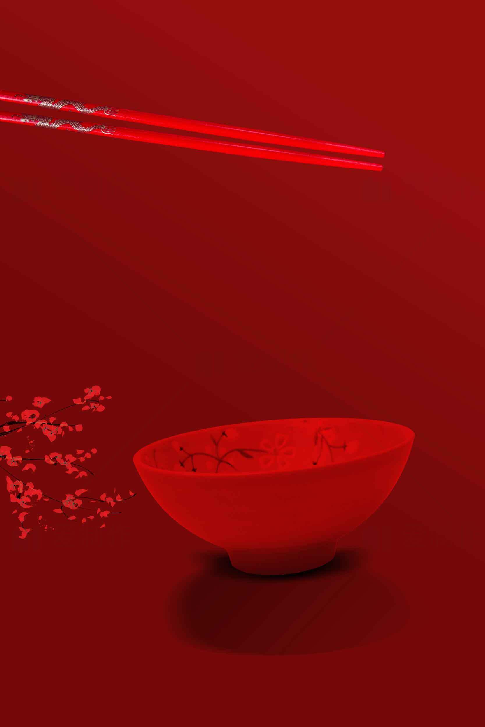 红色餐具与筷子的极简艺术设计素材