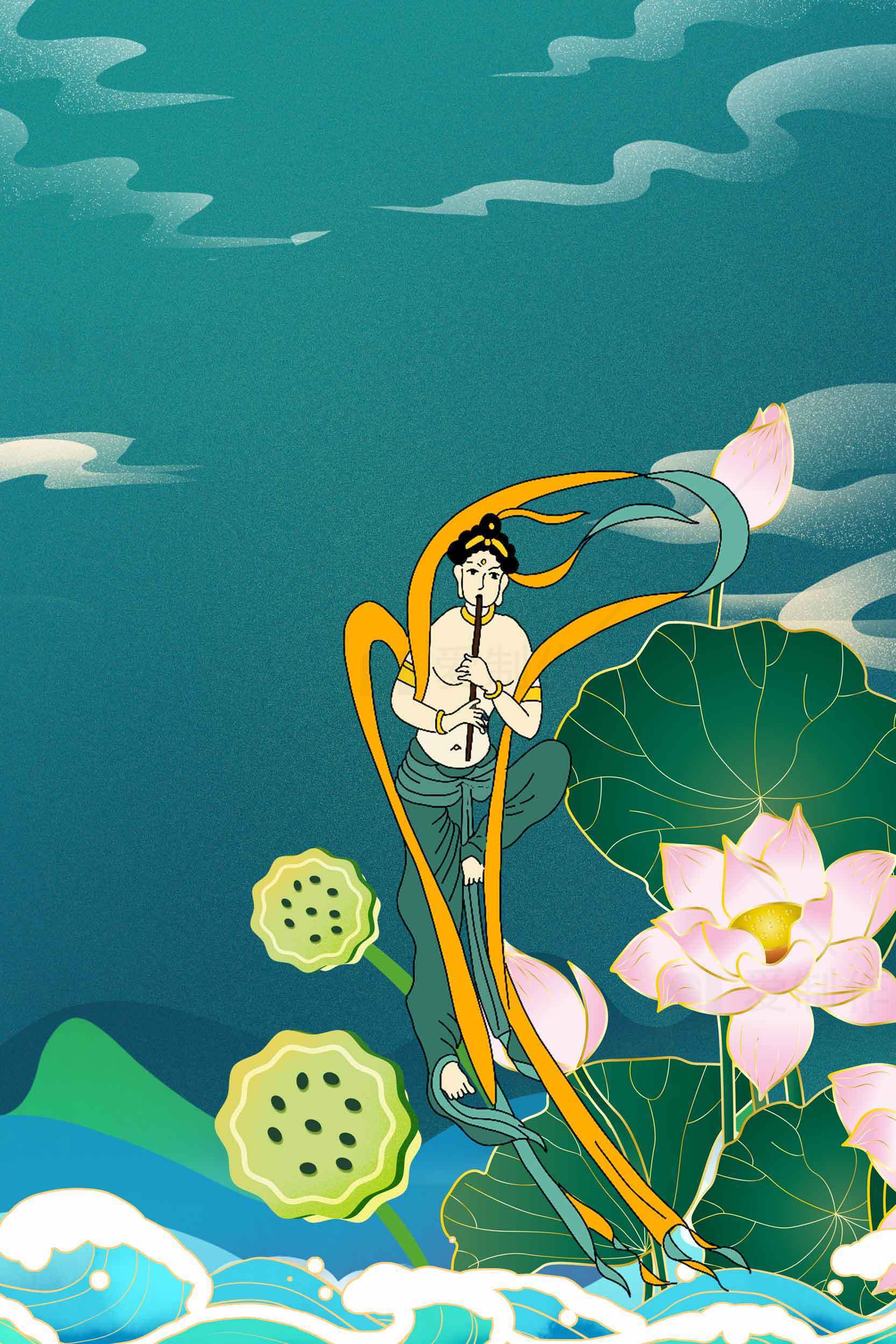 中国传统莲花仙女插画艺术素材