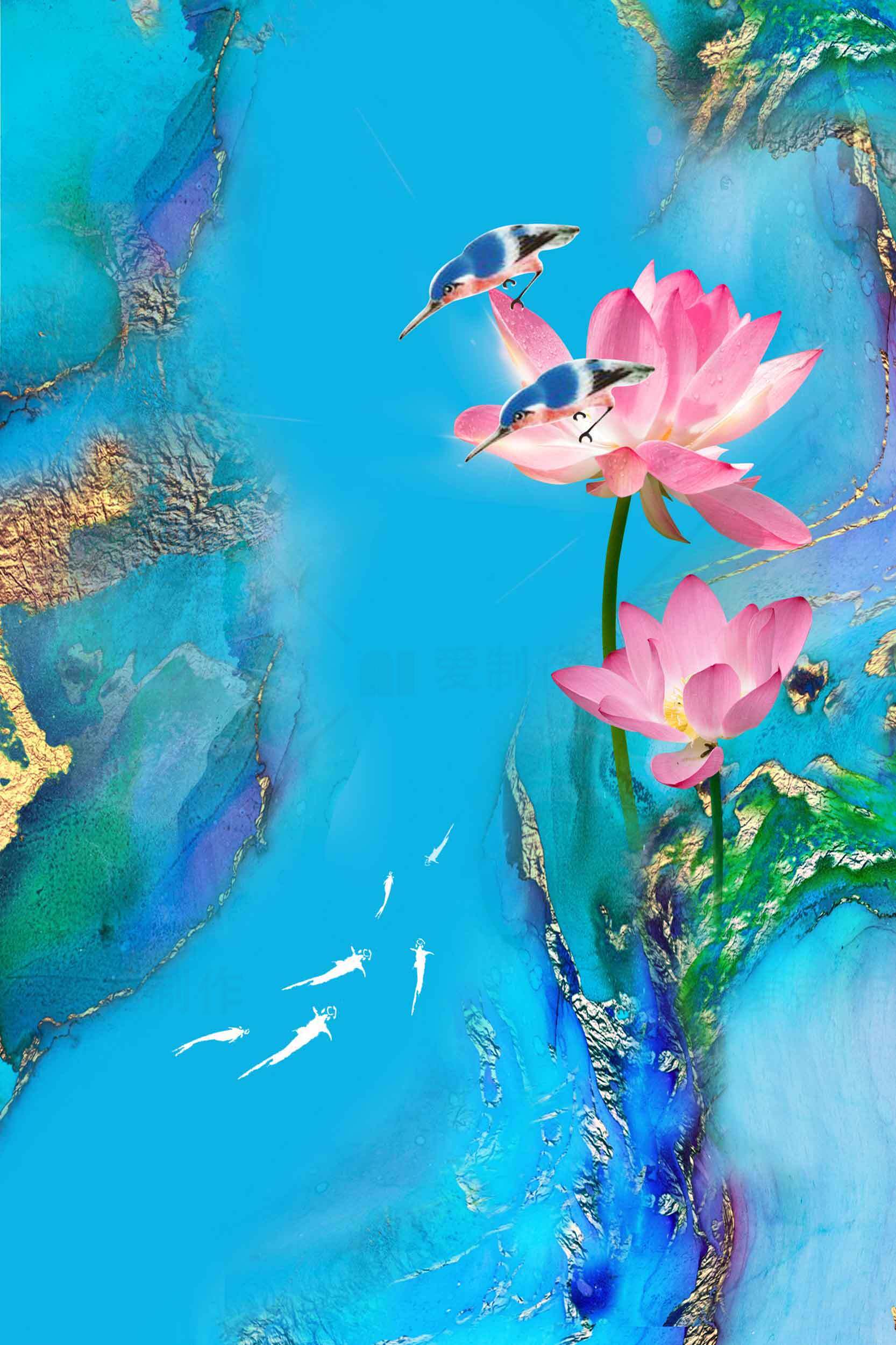唯美荷花与翠鸟艺术画背景图片素材