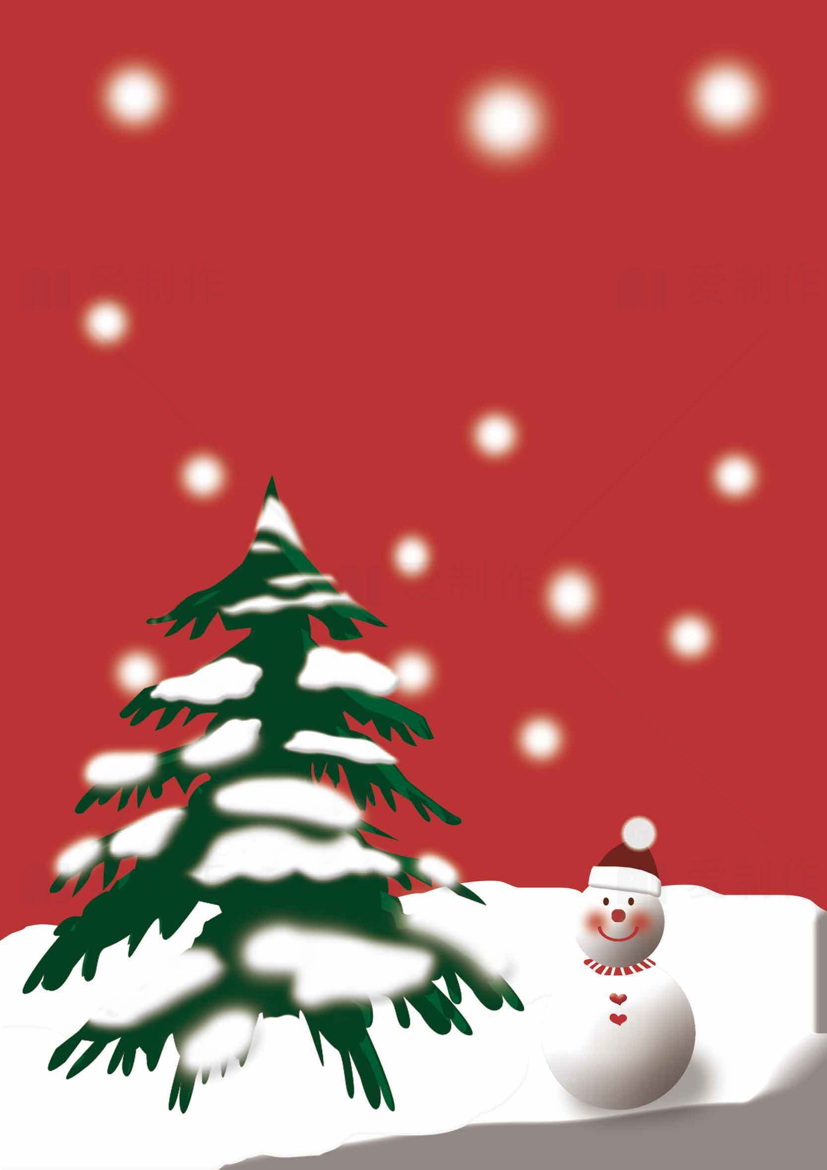 圣诞节红色背景与雪人和圣诞树插画素材