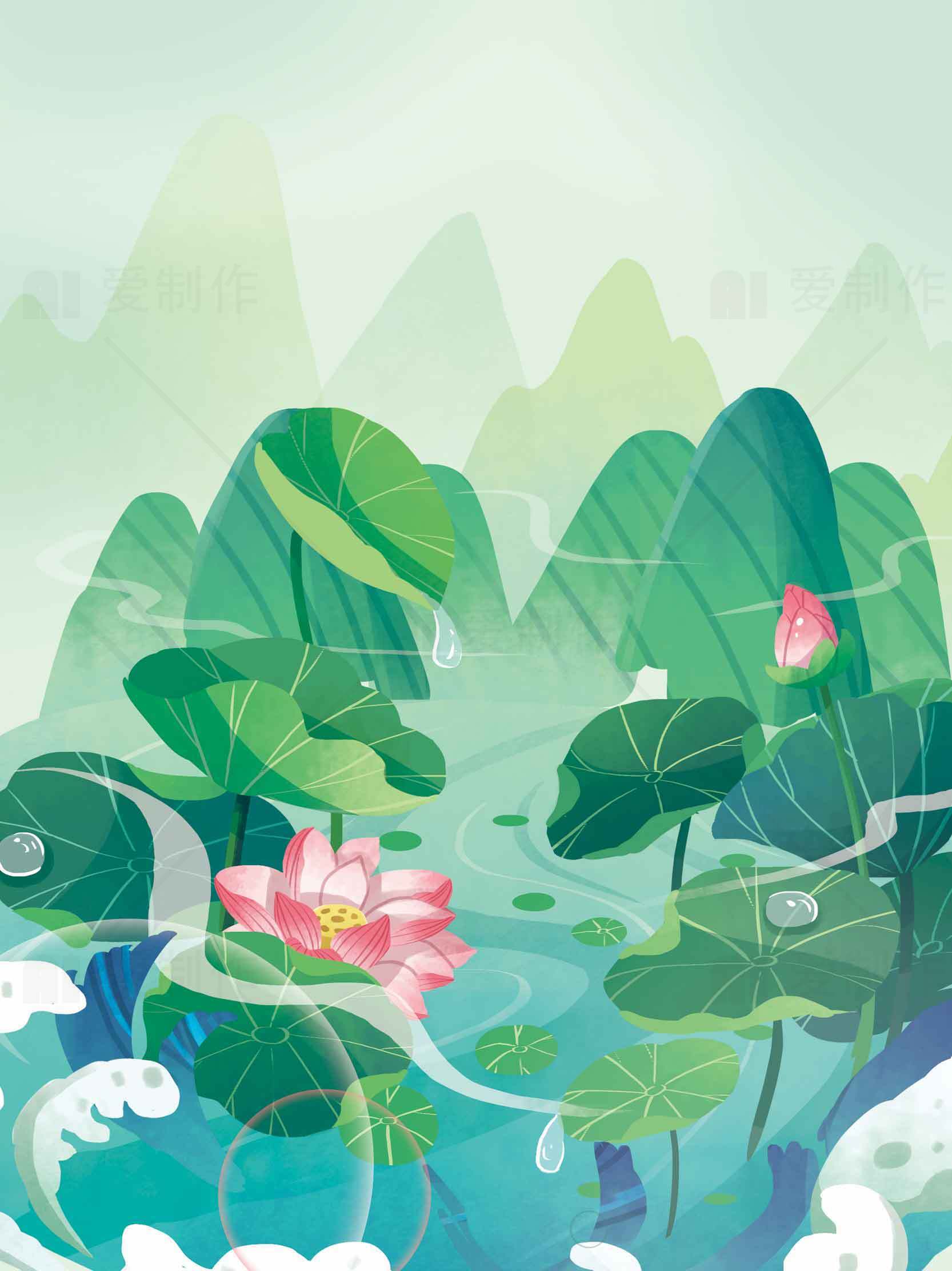 清新荷塘山水插画背景图片素材
