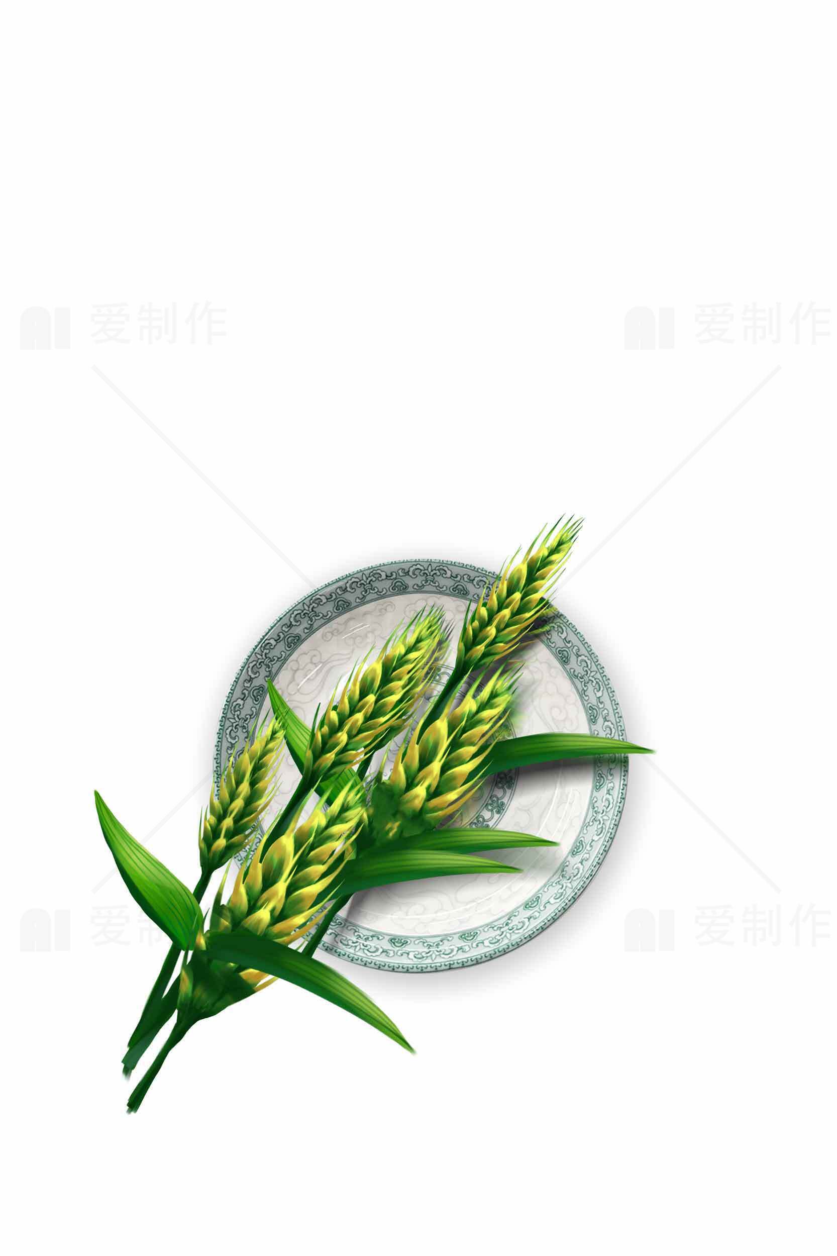 绿色麦穗与陶瓷盘的简约艺术设计素材
