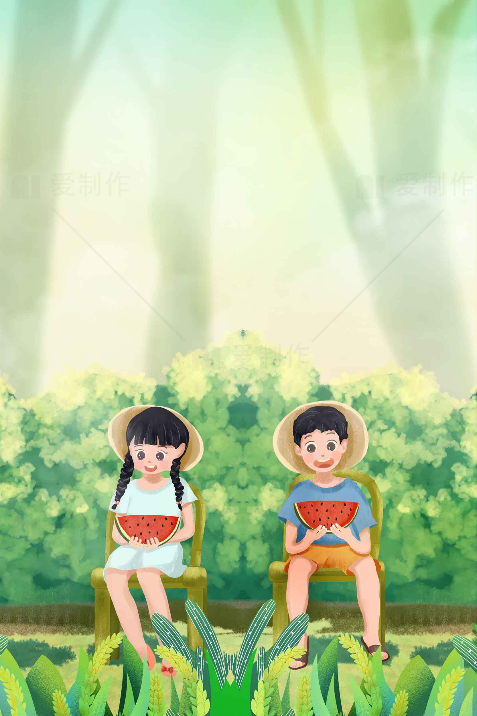 夏日清新插画：孩子们享受西瓜的美好时光素材