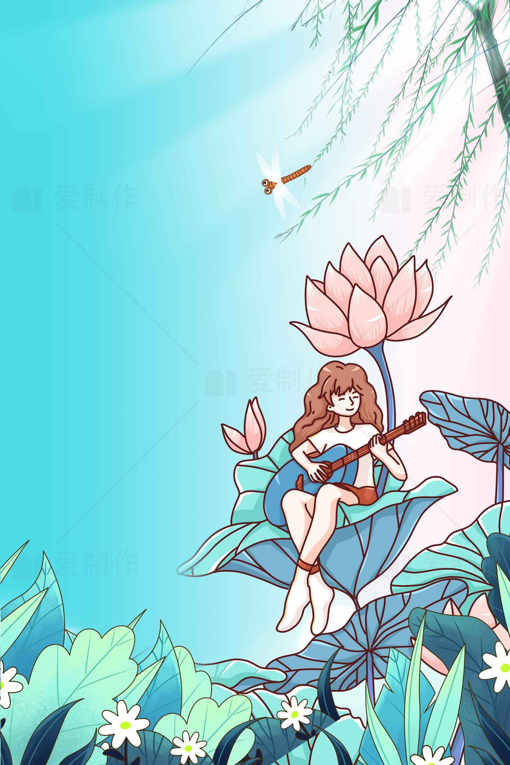 清新插画女孩与莲花的唯美场景素材