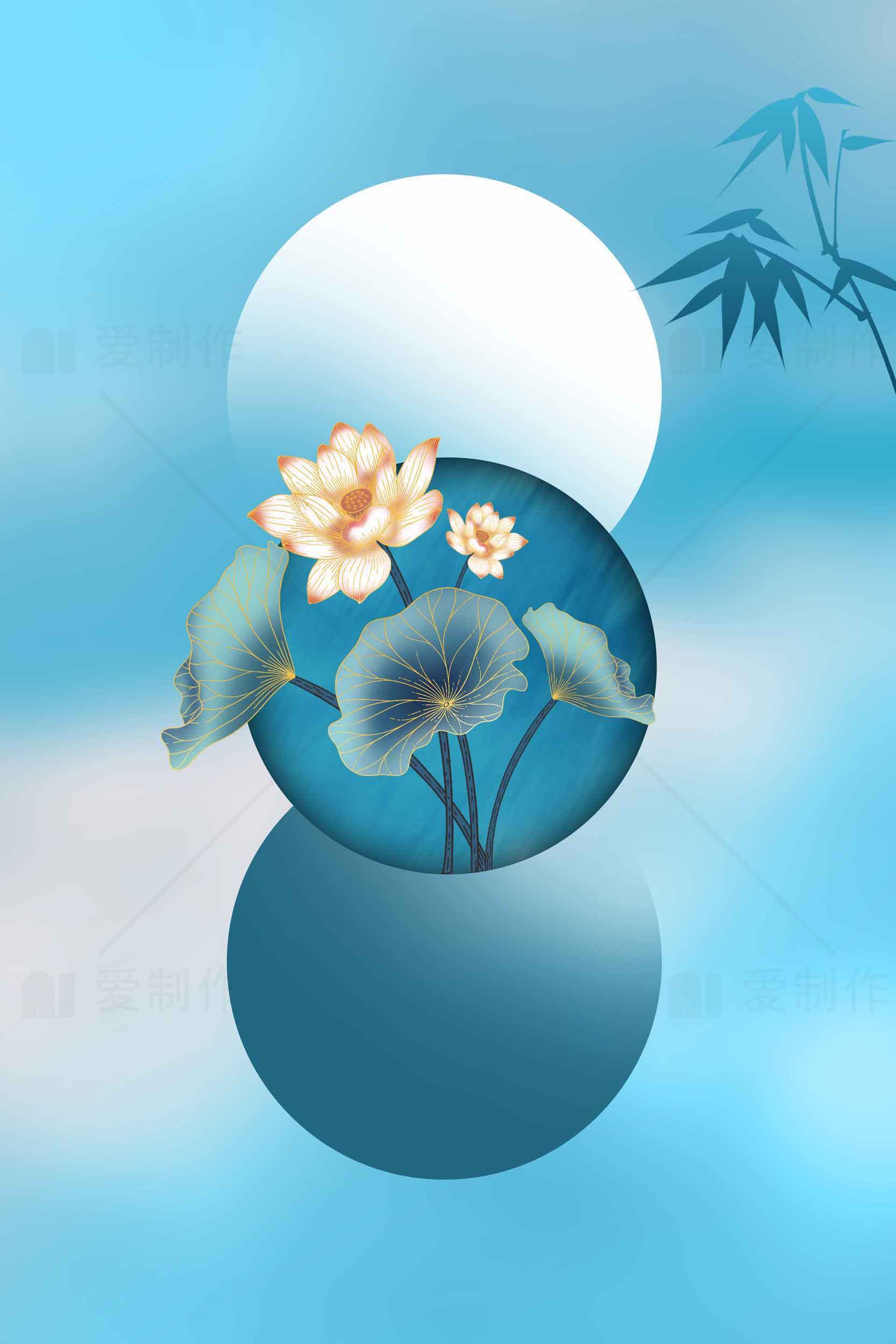 唯美荷花与蓝色背景的意境插画素材