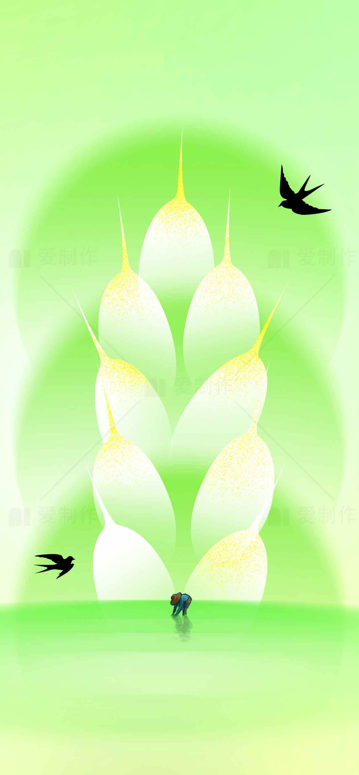 绿色自然意境插画：燕子与植物的和谐之美素材