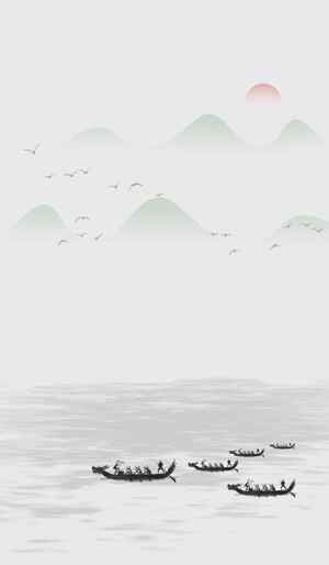 山水画风格的龙舟竞渡场景
