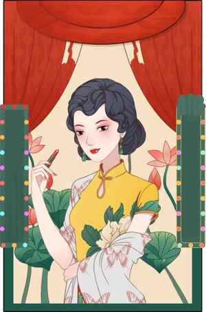 复古风格中国女性插画：旗袍与莲花背景