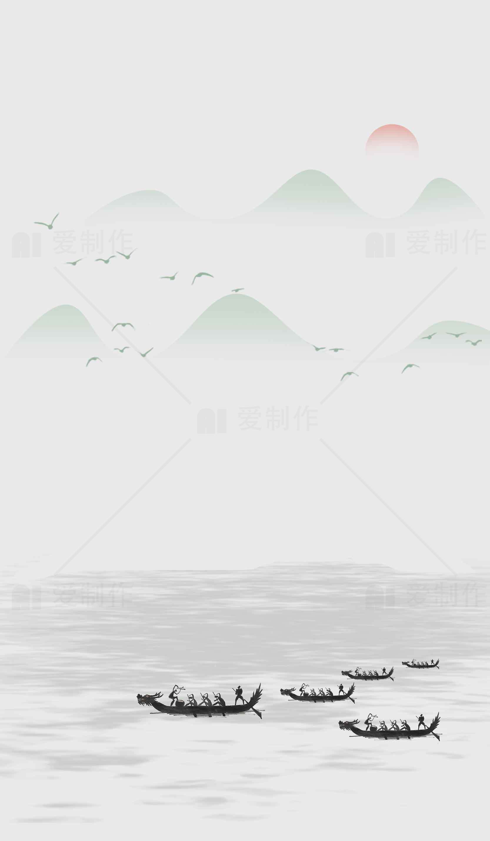 山水画风格的龙舟竞渡场景素材