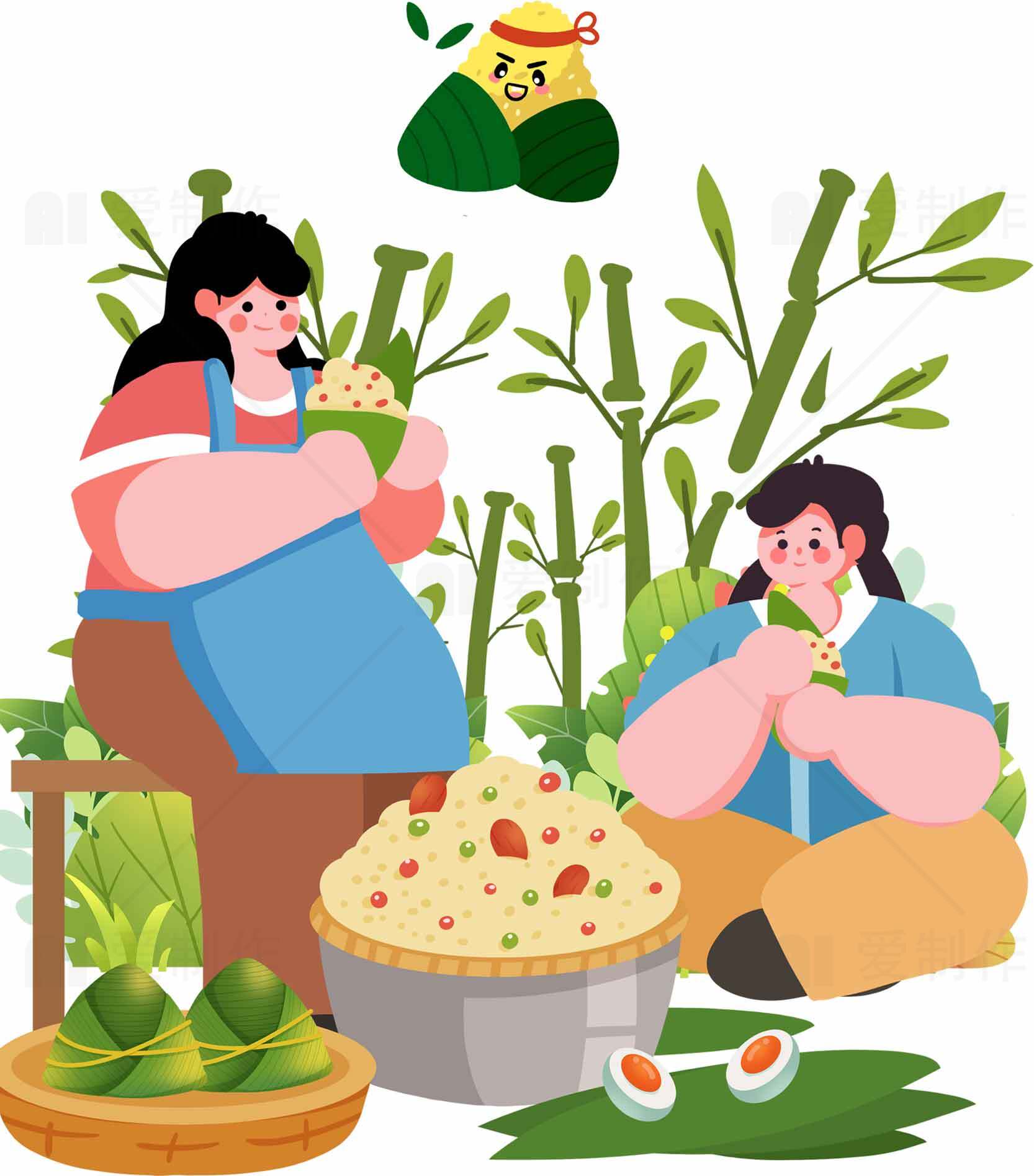 端午节传统美食与竹林背景插画素材