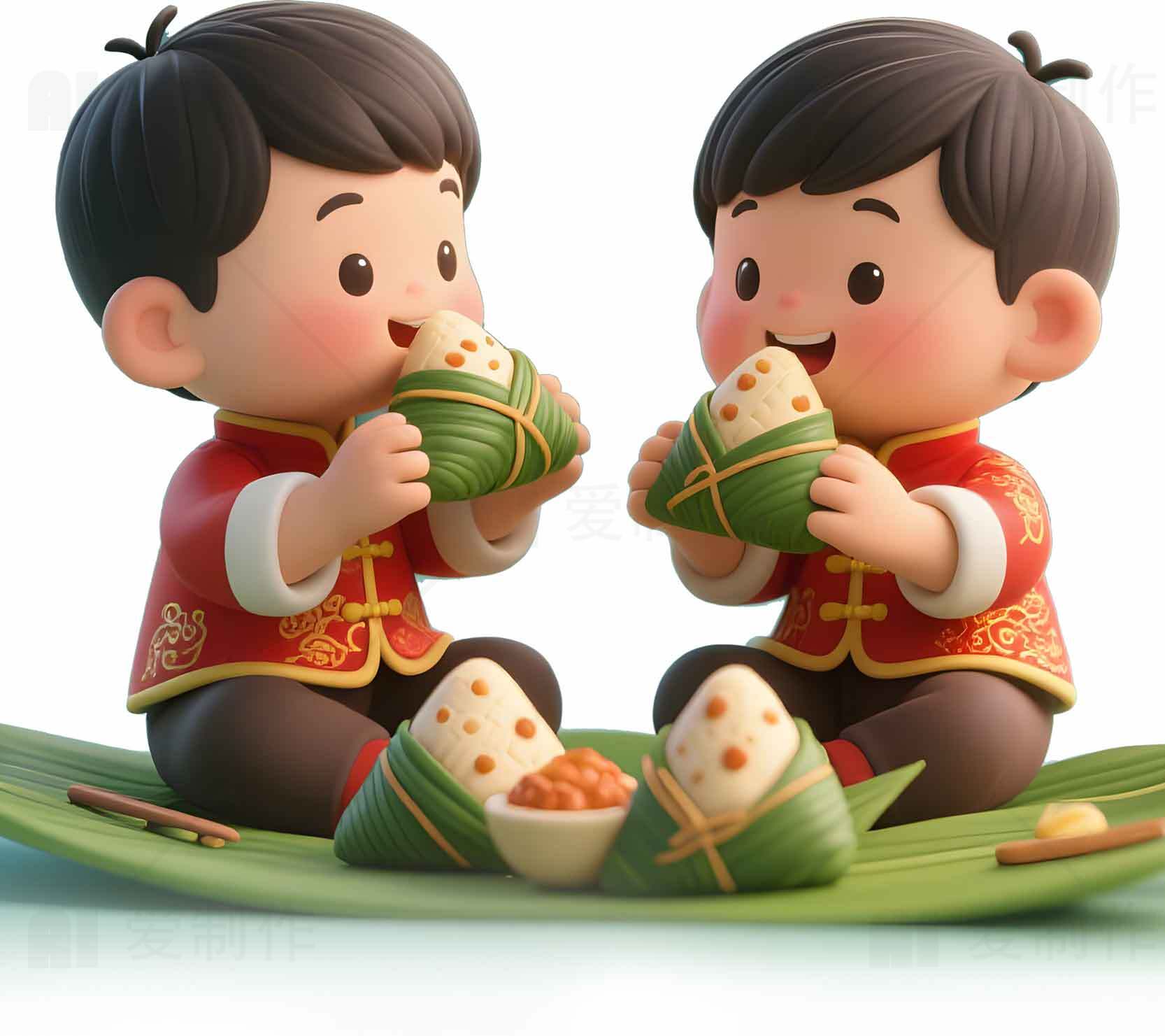 端午节卡通人物与粽子场景插画素材
