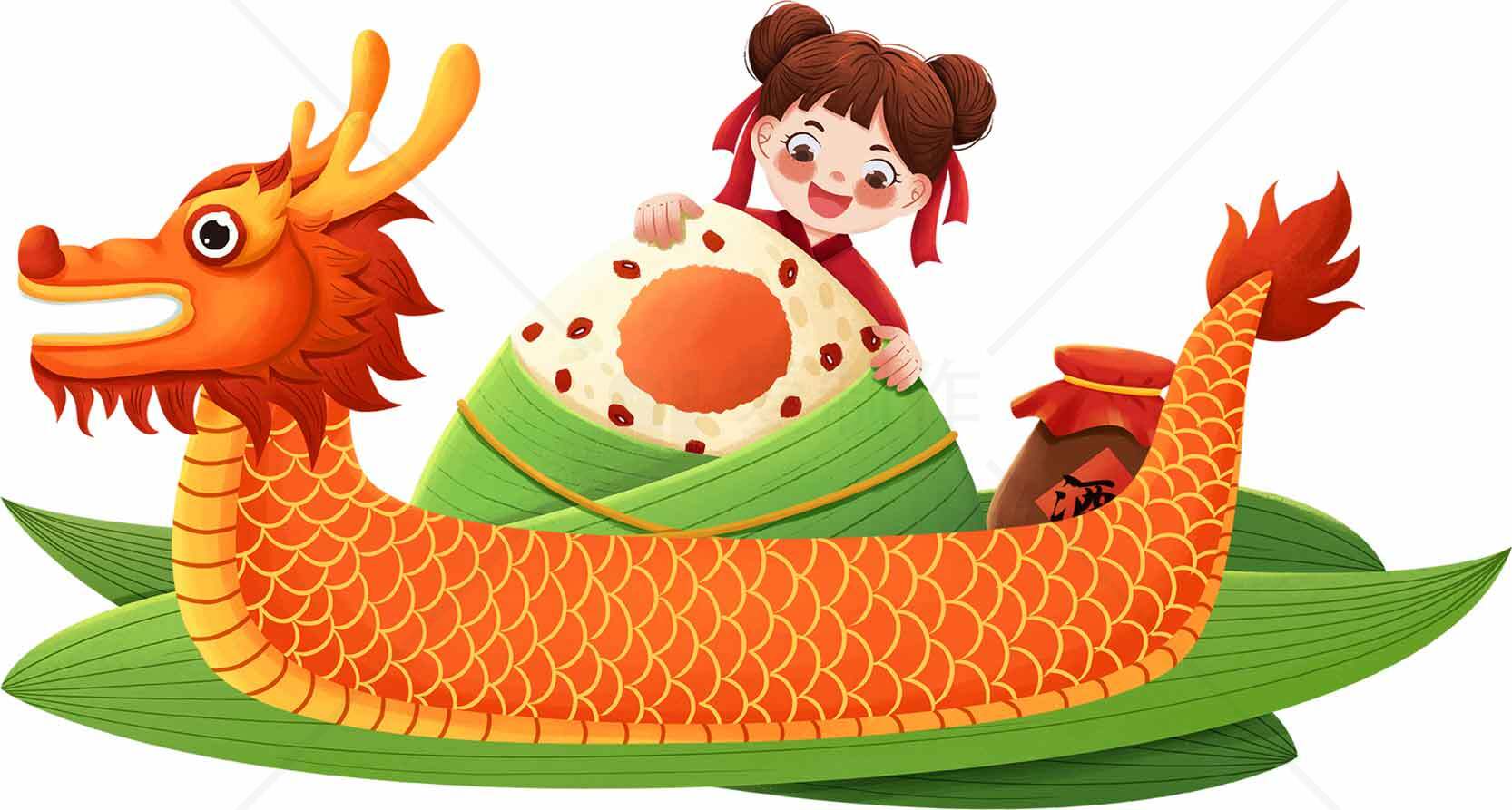 端午节龙舟竞渡与粽子主题插画设计素材