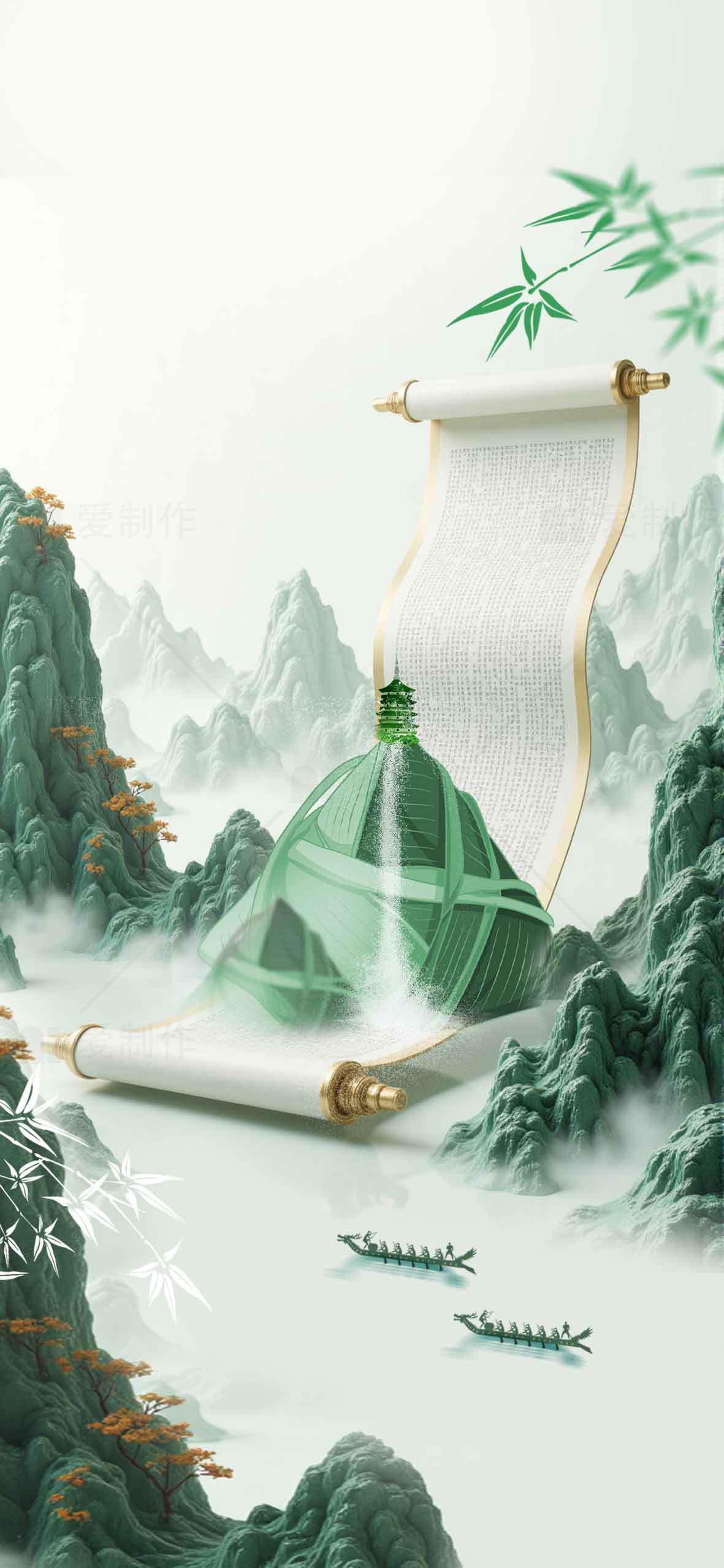 山水画卷中的绿色意境美素材