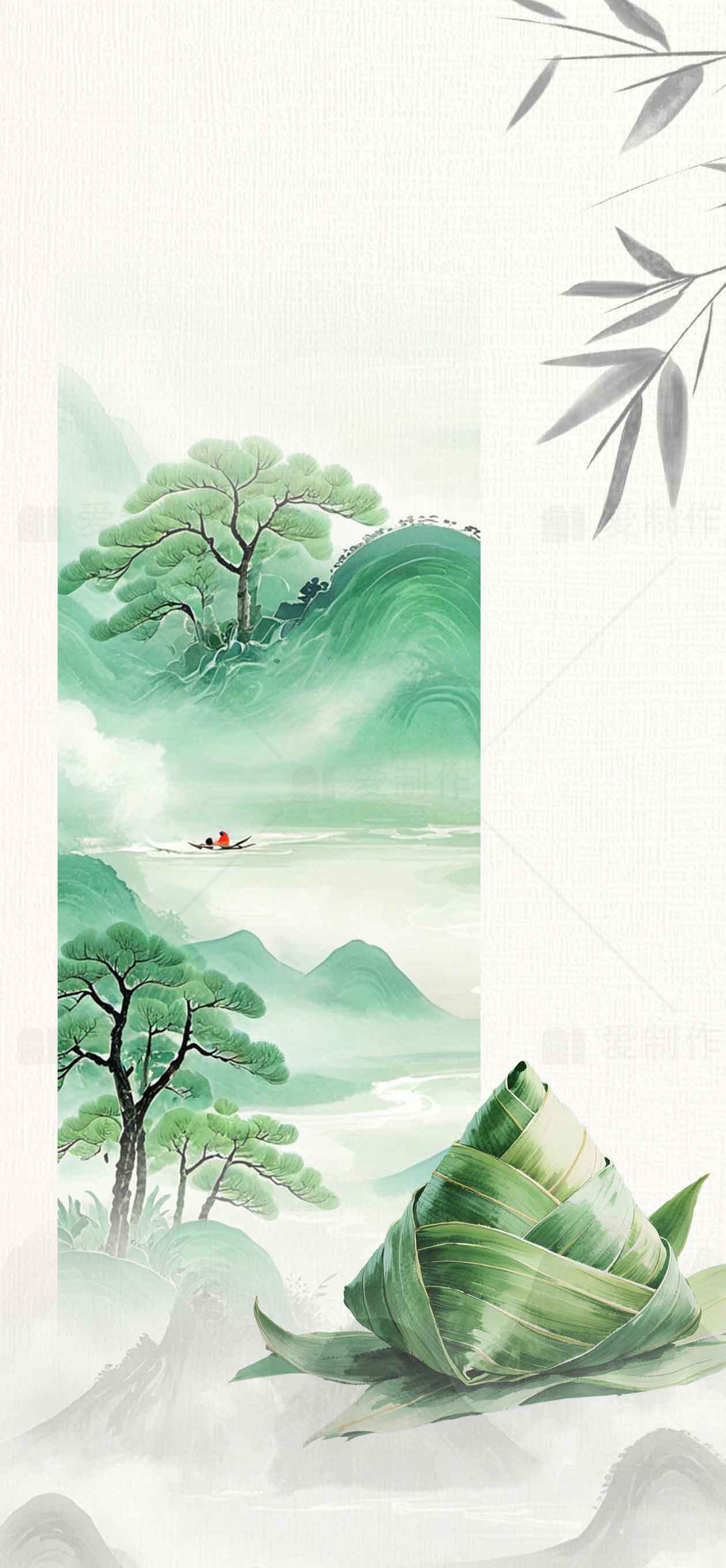端午节水墨画风景与粽子意境图素材