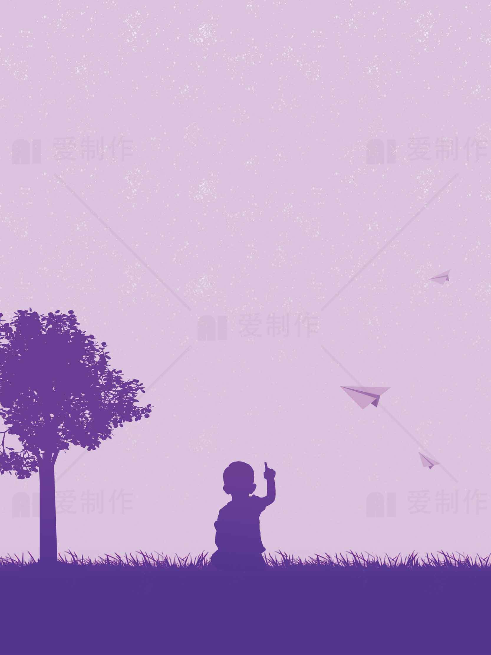 紫色童年剪影与纸飞机的唯美画面素材