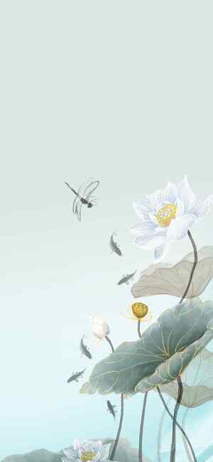 水墨画背景图片：荷花与蜻蜓唯美意境