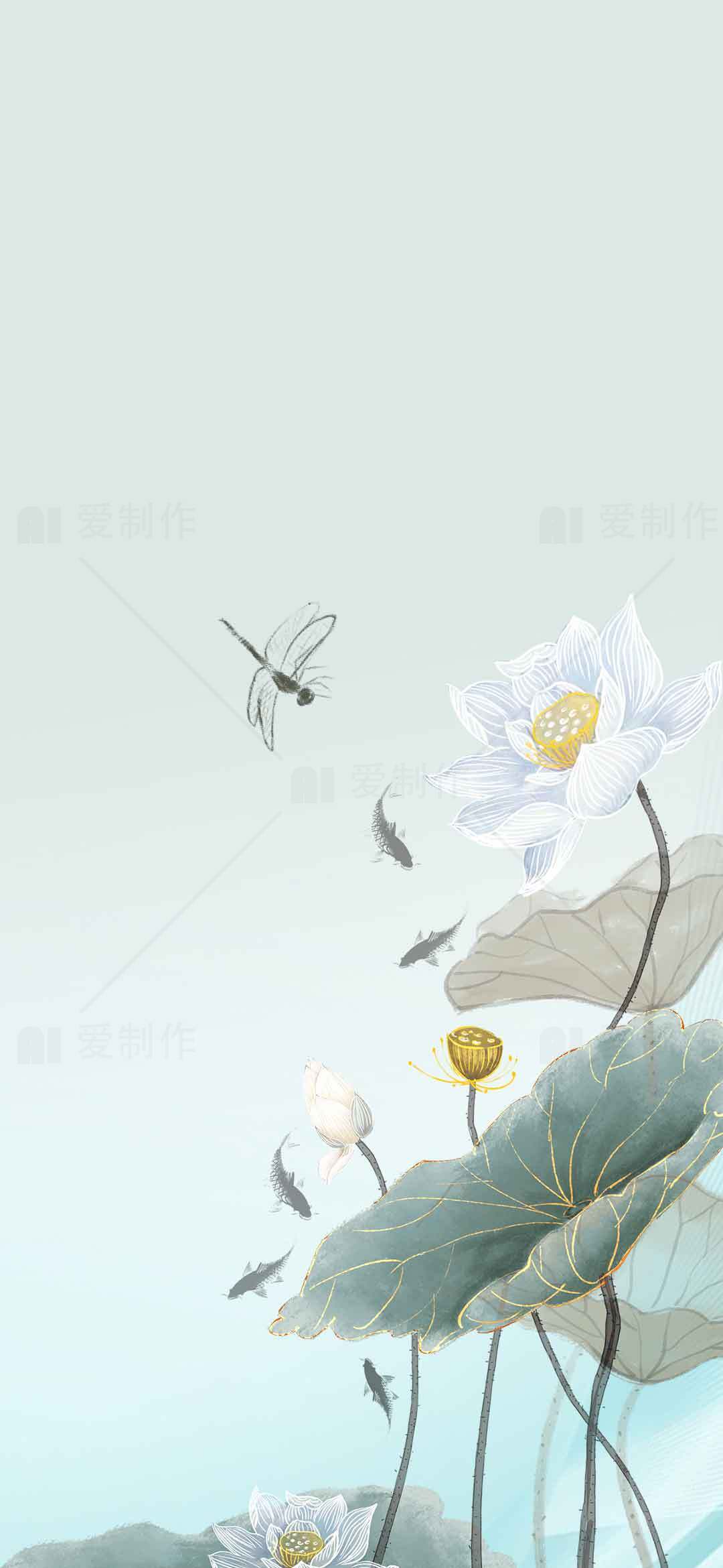 水墨画背景图片：荷花与蜻蜓唯美意境素材