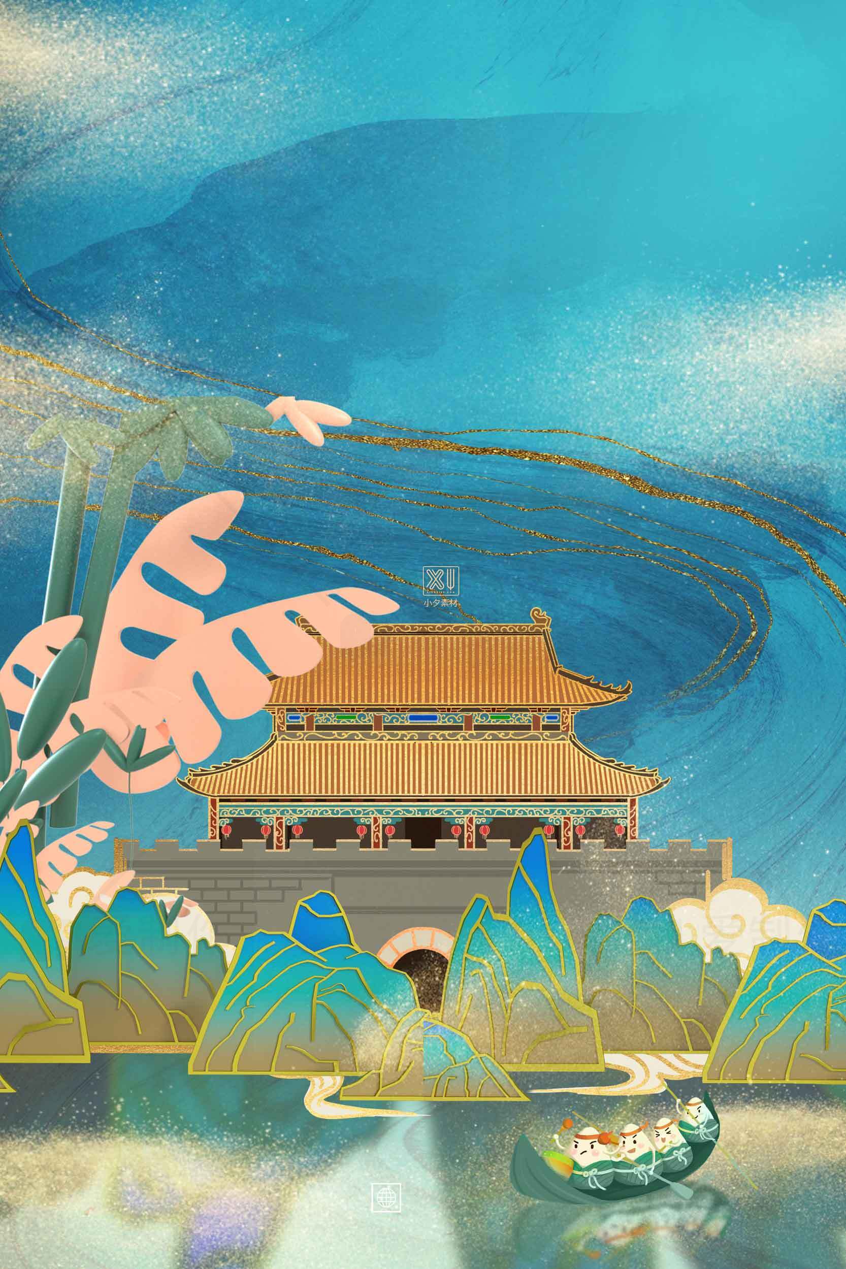 中国传统建筑与自然风光插画艺术素材
