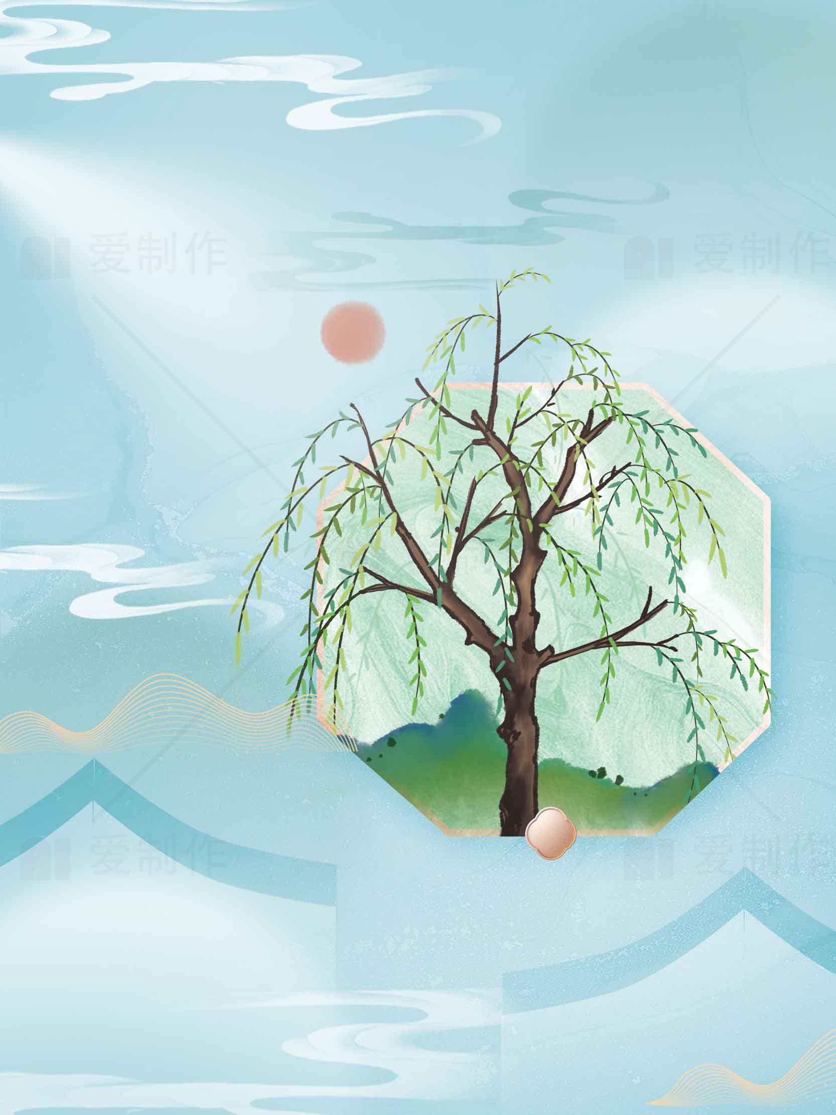 唯美柳树水墨风背景图片素材