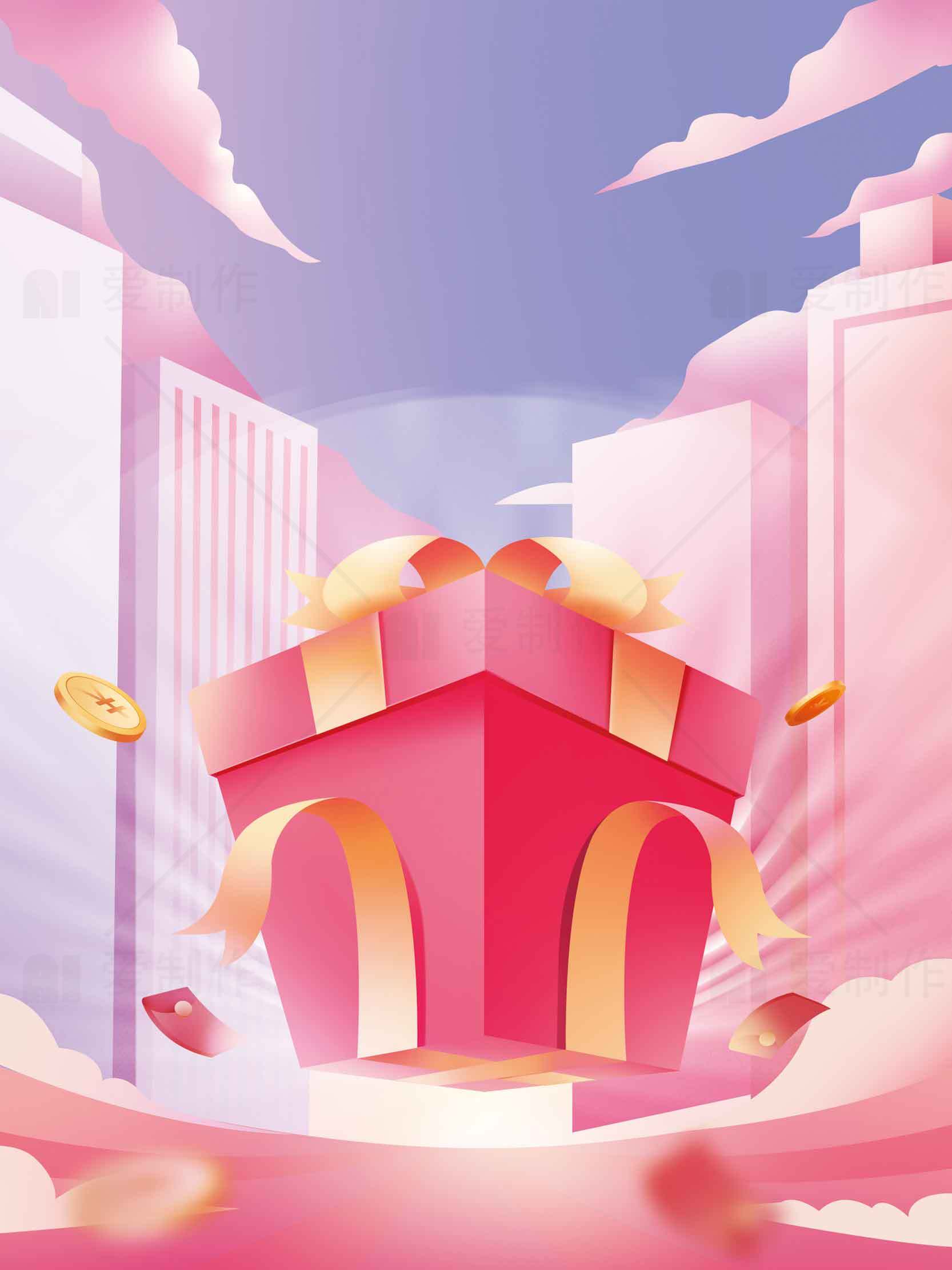 城市礼物盒插画设计，粉色主题背景素材
