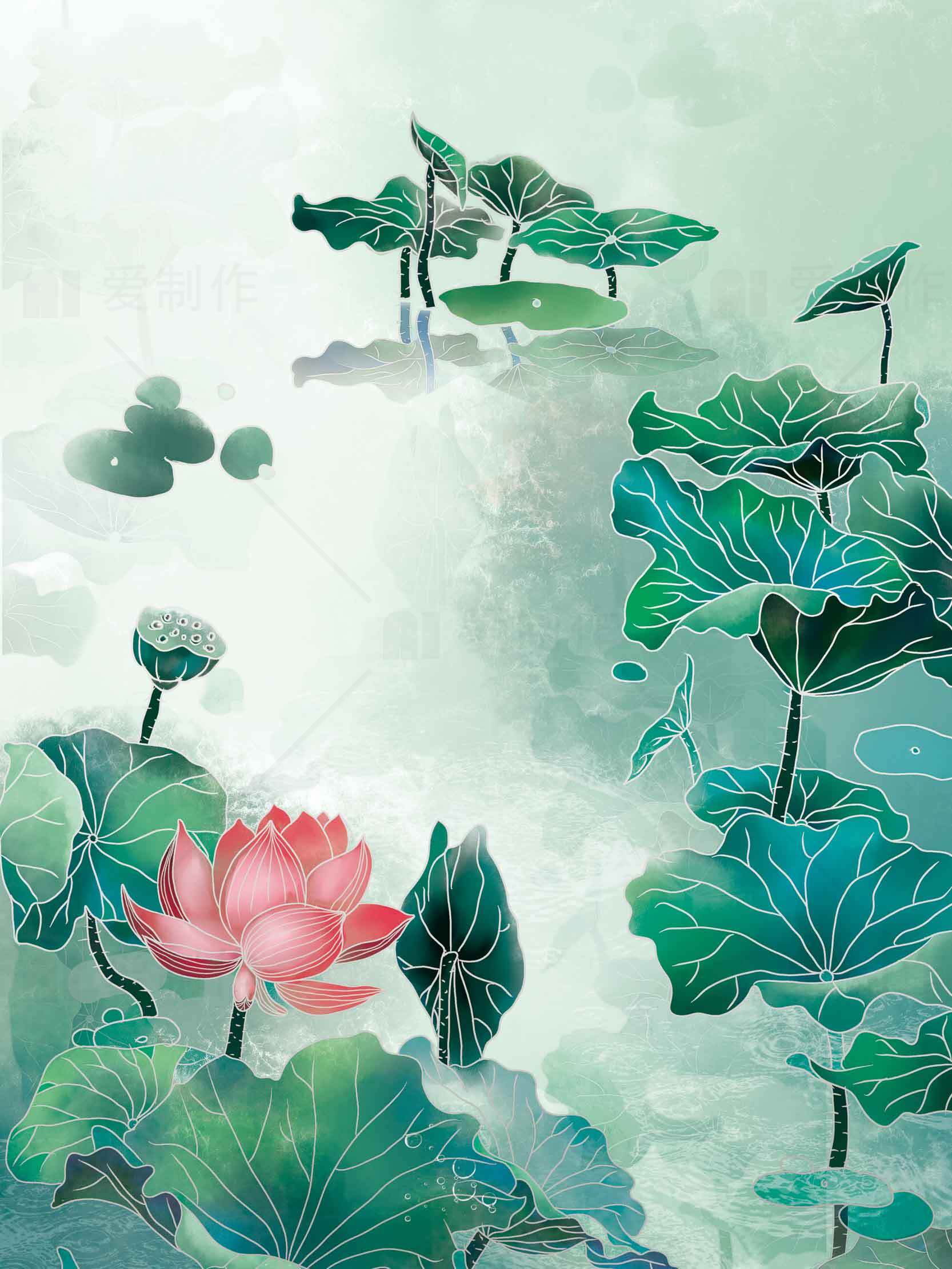 唯美荷花与荷叶水墨画背景图片素材